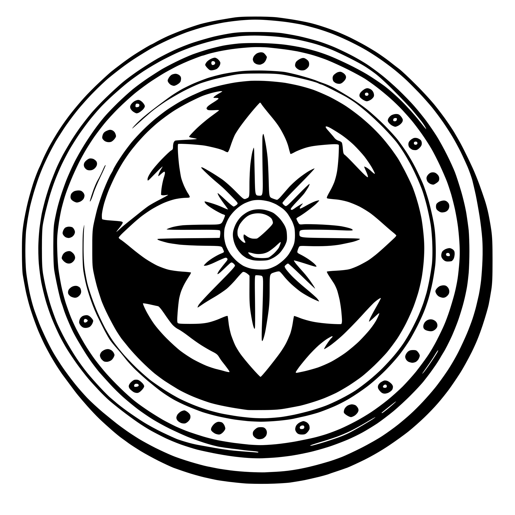 The SVG features a circular emblem with a symmetrical design. At the center of the emblem is a stylized flower with six petals, each with a pointed tip. The flower is outlined with a thin line and filled with a solid color. Surrounding the flower is a circular border with a series of small dots or beads that create a decorative pattern. The border is also outlined with a thin line and appears to be filled with a solid color, possibly the same as the flower. The overall style of the SVG is graphic and minimalistic, with a clear emphasis on the central flower motif. 