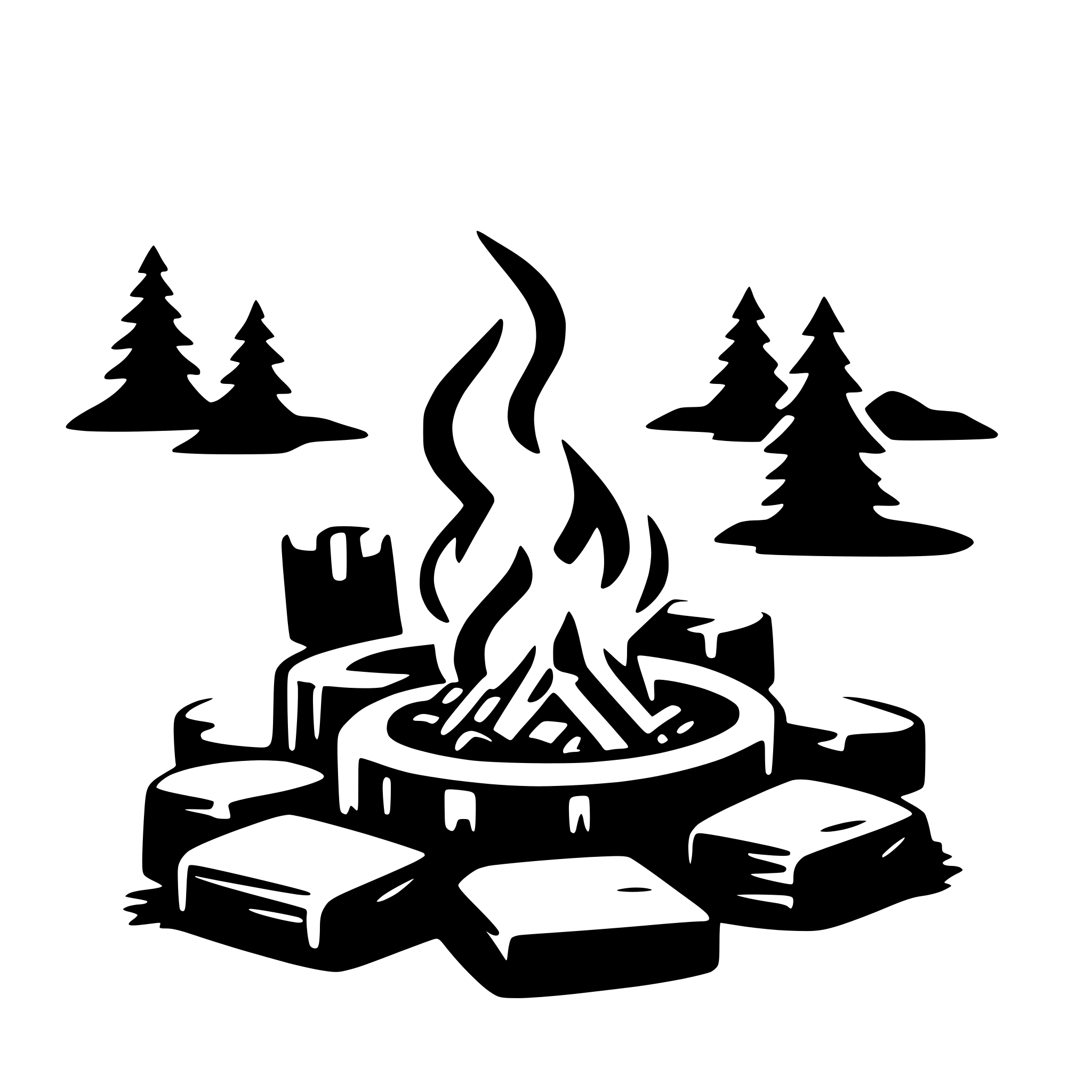 The SVG depicts a campfire scene. At the center is a campfire with flames and smoke rising from it. Surrounding the fire are several logs, suggesting a wood-burning fire. To the left of the fire, there is a silhouette of a pine tree, and to the right, there is a silhouette of a rock formation. The background is a simple, solid color, providing a stark contrast to the black silhouettes of the objects. The overall impression is a minimalist representation of a campfire setting. 