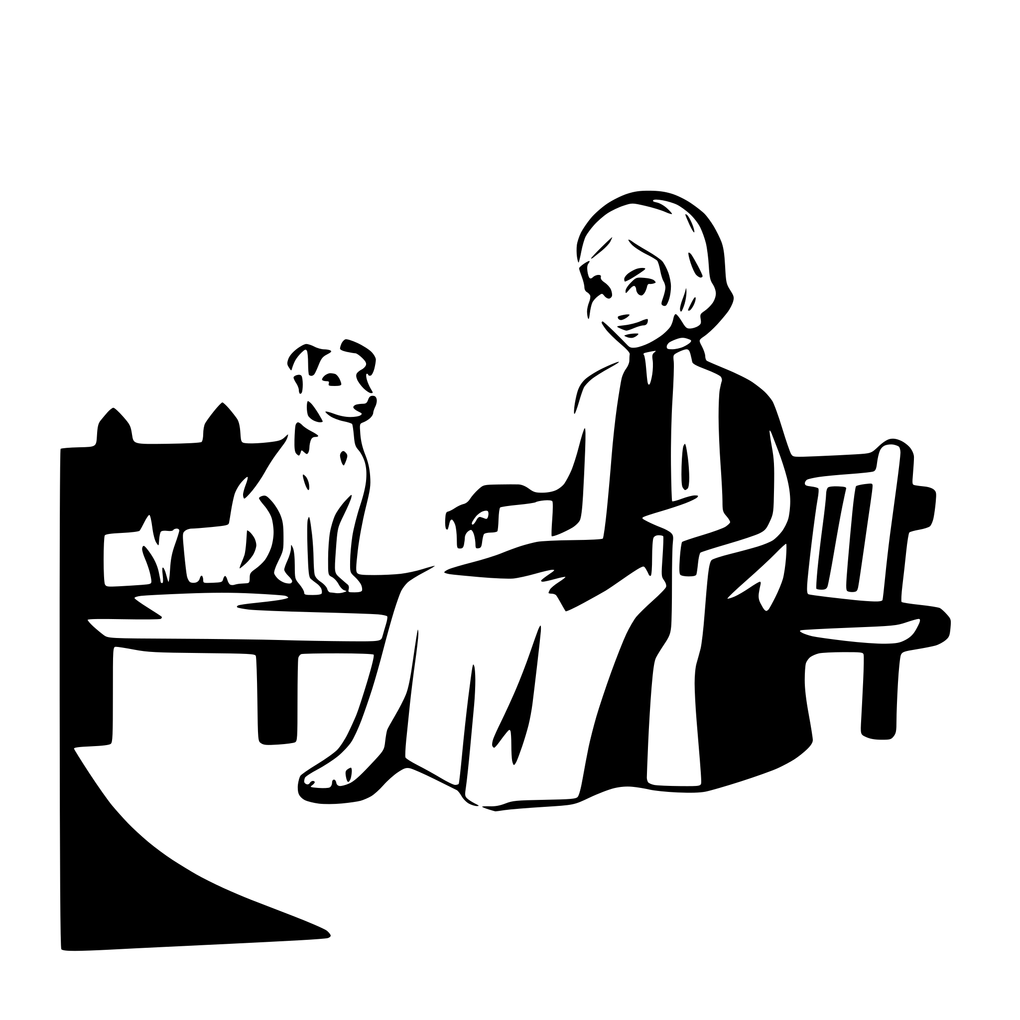 AI-generated SVG of a An old lady seated on a bench with a dog next to her