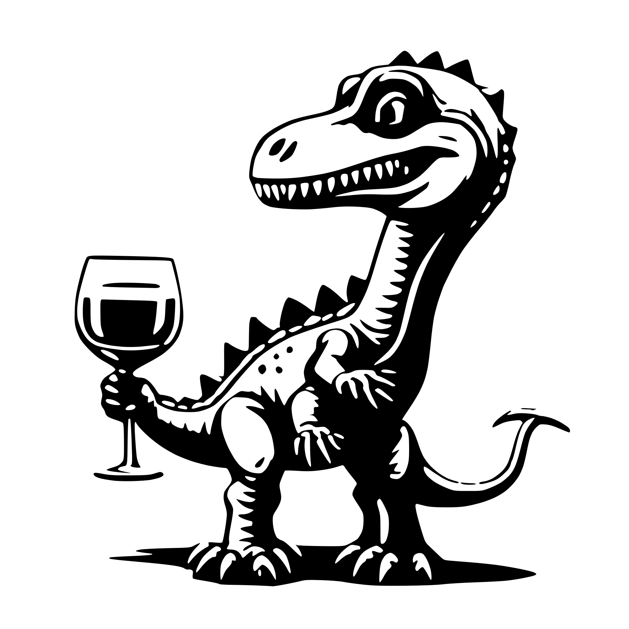 AI-generated SVG of a dinosaur with a glss of wine in the hand