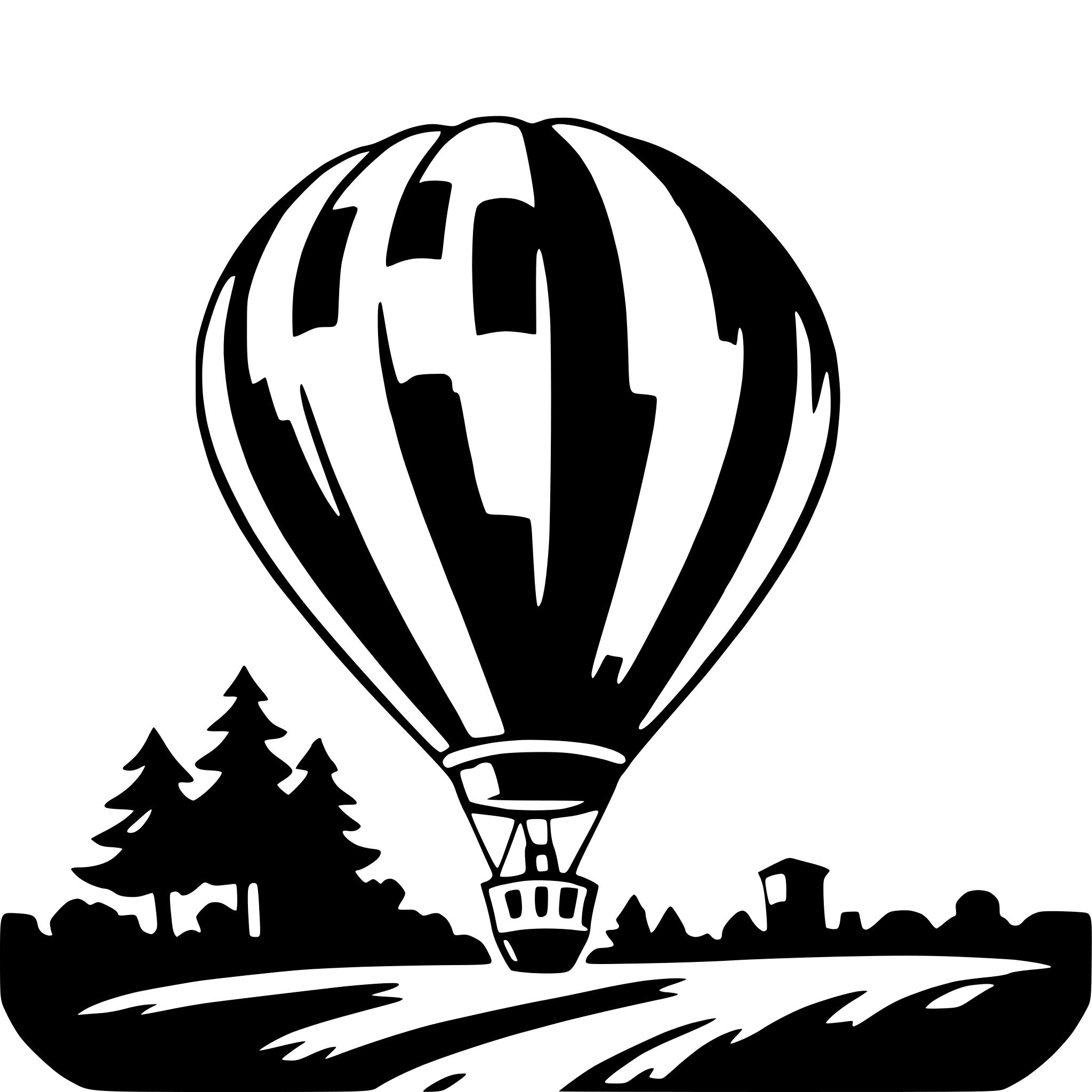 The SVG features a stylized depiction of a balloon with a basket attached to its base, floating above a landscape. The landscape includes a simplified representation of a forest with trees and a cabin, and a winding road or path leading towards the horizon. The balloon is the central object, with the landscape elements arranged around it, suggesting a scene of a hot air balloon flight over a rural area. The balloon and the landscape are the main objects, and their interaction is that the balloon is depicted as being in the air, while the landscape is depicted as being on the ground, with the balloon appearing to be above the trees and the cabin. 