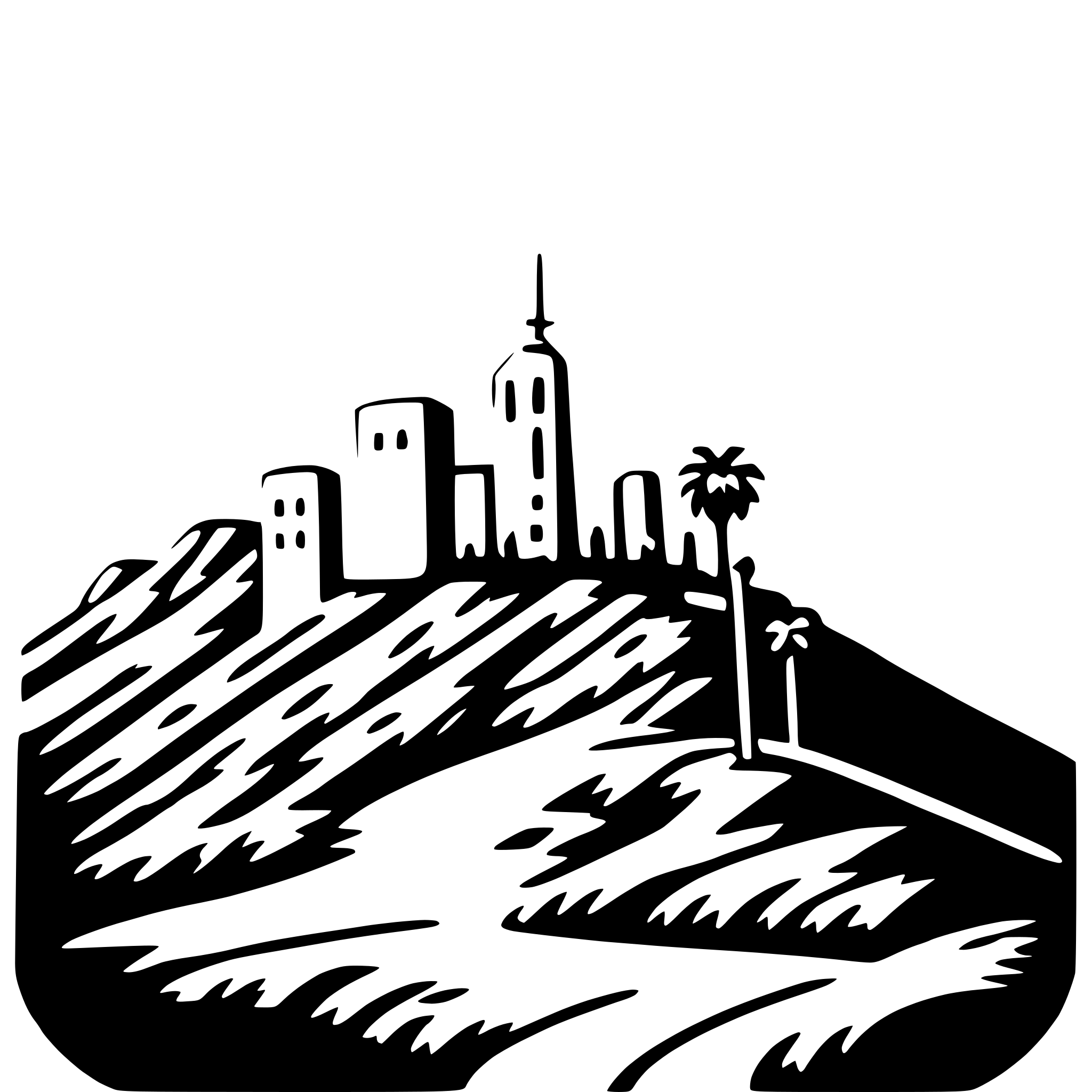 The SVG depicts a stylized, black and white illustration of a cityscape with a mountainous background. The city features a variety of buildings, including what appears to be a tall skyscraper, a cluster of shorter buildings, and a few taller structures that could be residential or commercial buildings. There is a palm tree on the right side of the SVG, suggesting a warm climate. The mountainous terrain is depicted with a mix of jagged peaks and smoother slopes, with a winding road or path leading up to the city. The overall style is simplistic and graphic, with a limited color palette that emphasizes the shapes and forms of the landscape and city. 