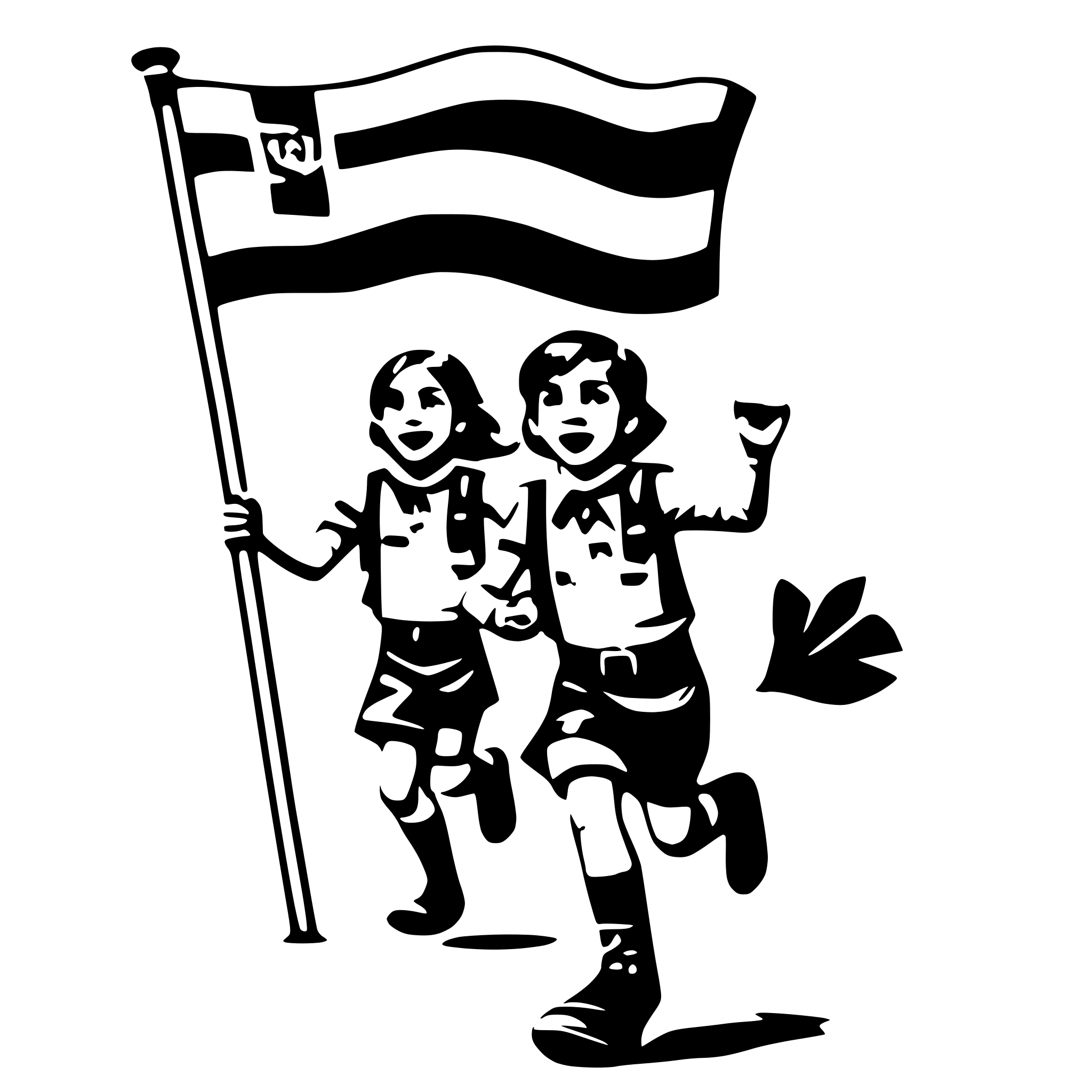 AI-generated SVG of a scout children running around the flag