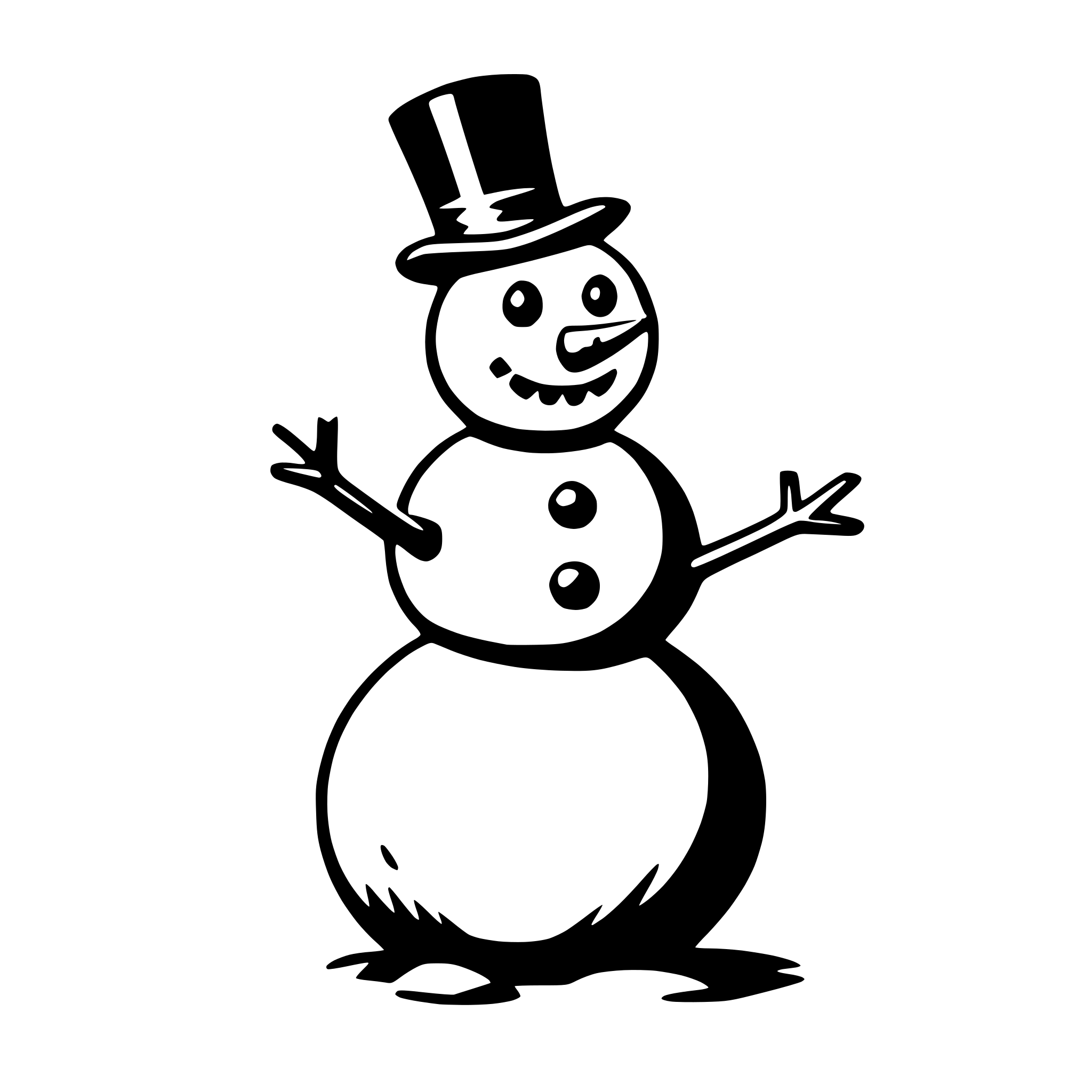 The SVG depicts a simple, cartoon-style representation of a snowman. The snowman has a round body, a carrot nose, two dots for eyes, a smile, and a small, black top hat. It has two arms extended outward, and its body appears to be slightly tilted to the left. The snowman is standing on a flat surface, and there is no background detail provided. The SVG is a vector graphic, which means it can be scaled up or down without losing quality. 