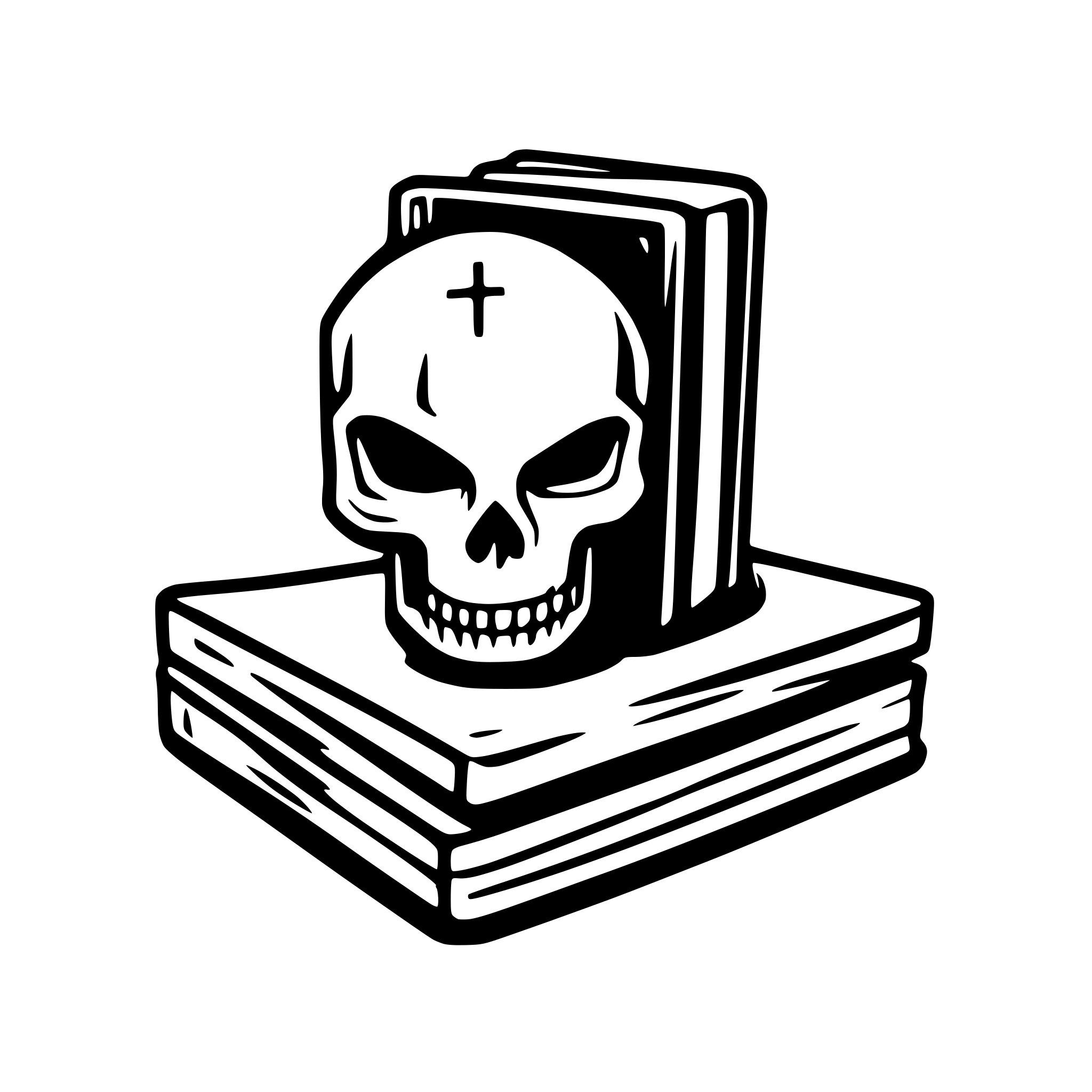 AI-generated SVG of a 2D grimdark logo with a book and servator skull as the cover image
