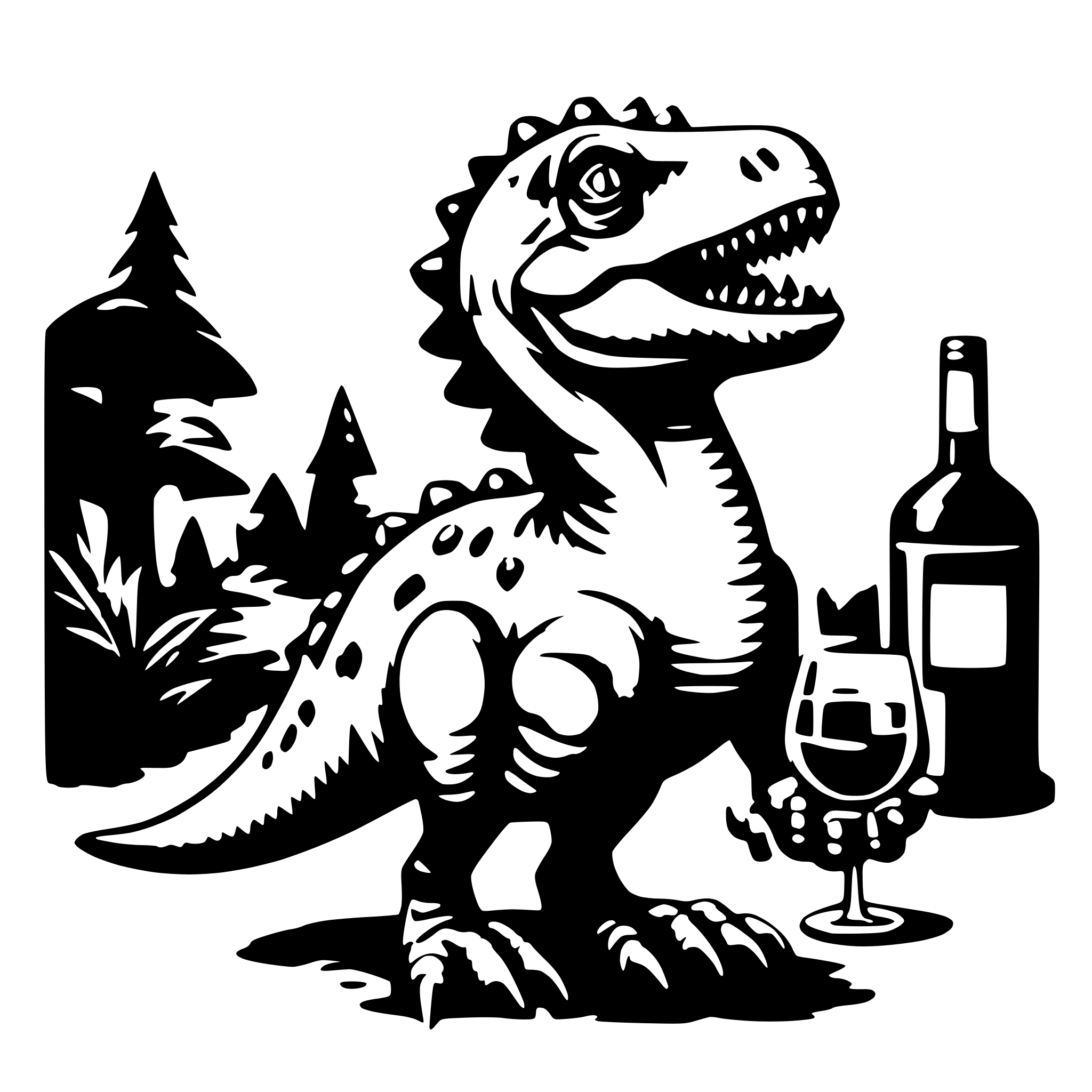 AI-generated SVG of a dinosaur with a glss of wine in the hand