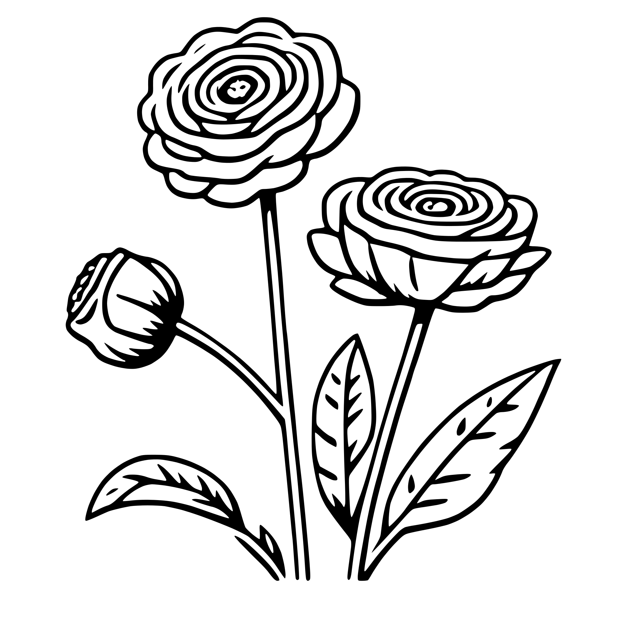 The SVG depicts three stylized roses with leaves. The roses are arranged with one in the center and two on either side, creating a symmetrical pattern. Each rose has a series of petals that are arranged in a circular pattern, giving the appearance of a rose in bloom. The leaves are detailed with veins and have a slightly curved shape. The stems of the roses are thin and straight, and the overall style of the SVG is simple and elegant, with a focus on clean lines and minimal shading. 