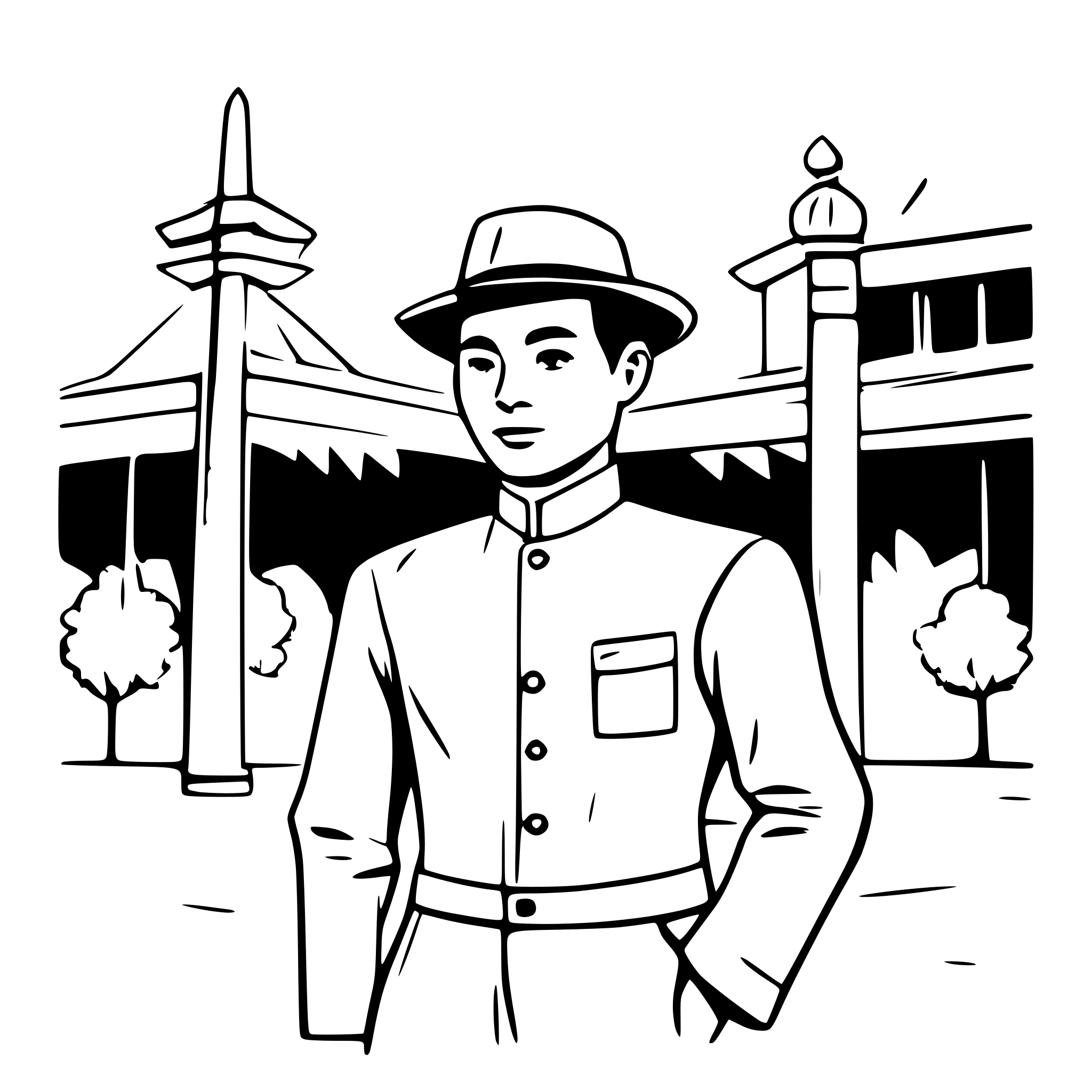 AI-generated SVG of a Portrait of a young man named Soekarno, wearing traditional Javanese attire, standing confidently in the city of Surabaya in the early 1900s, with a colonial-era city background