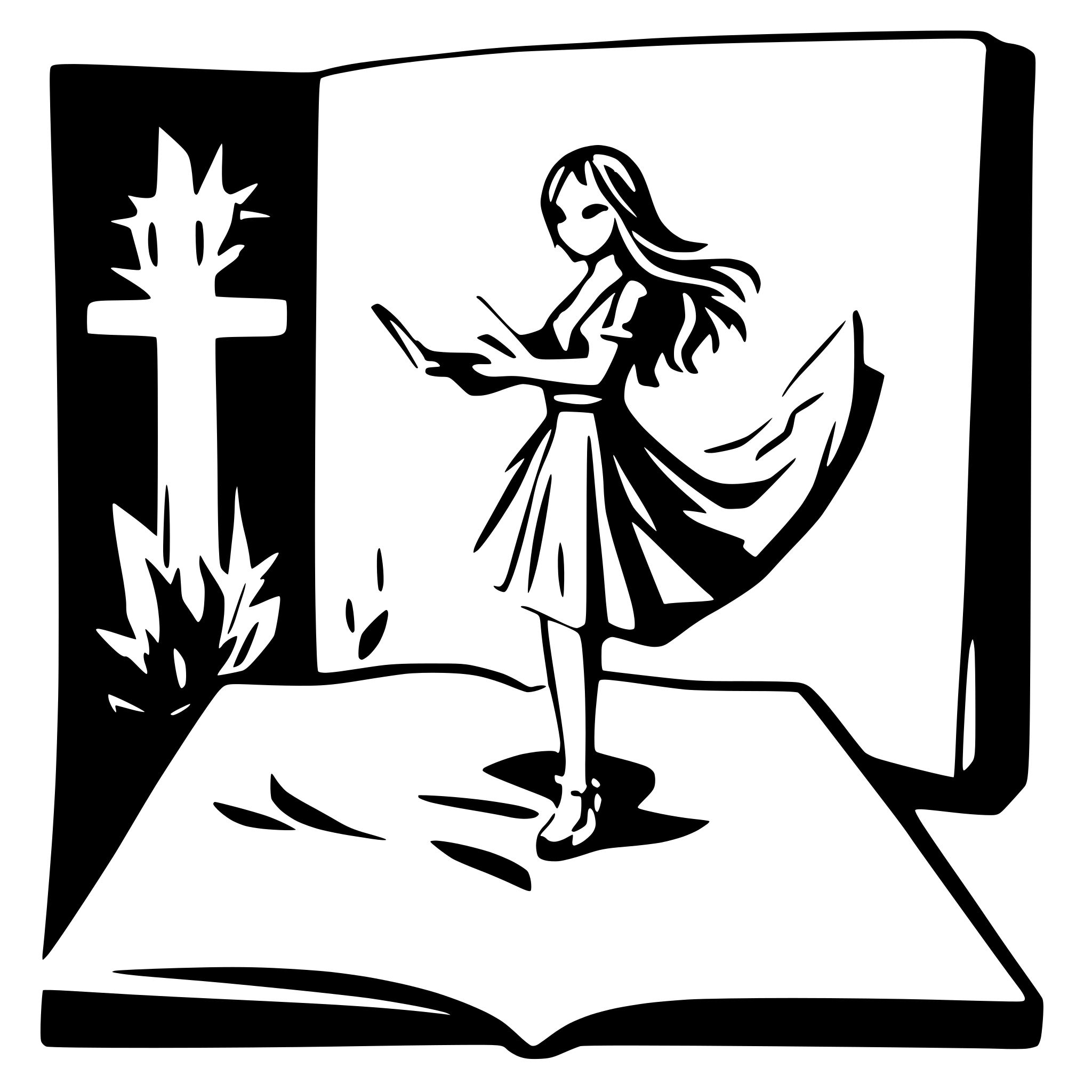 AI-generated SVG of 'a heroine holding a sword standing on top of a huge opened book, light like a sun over book'