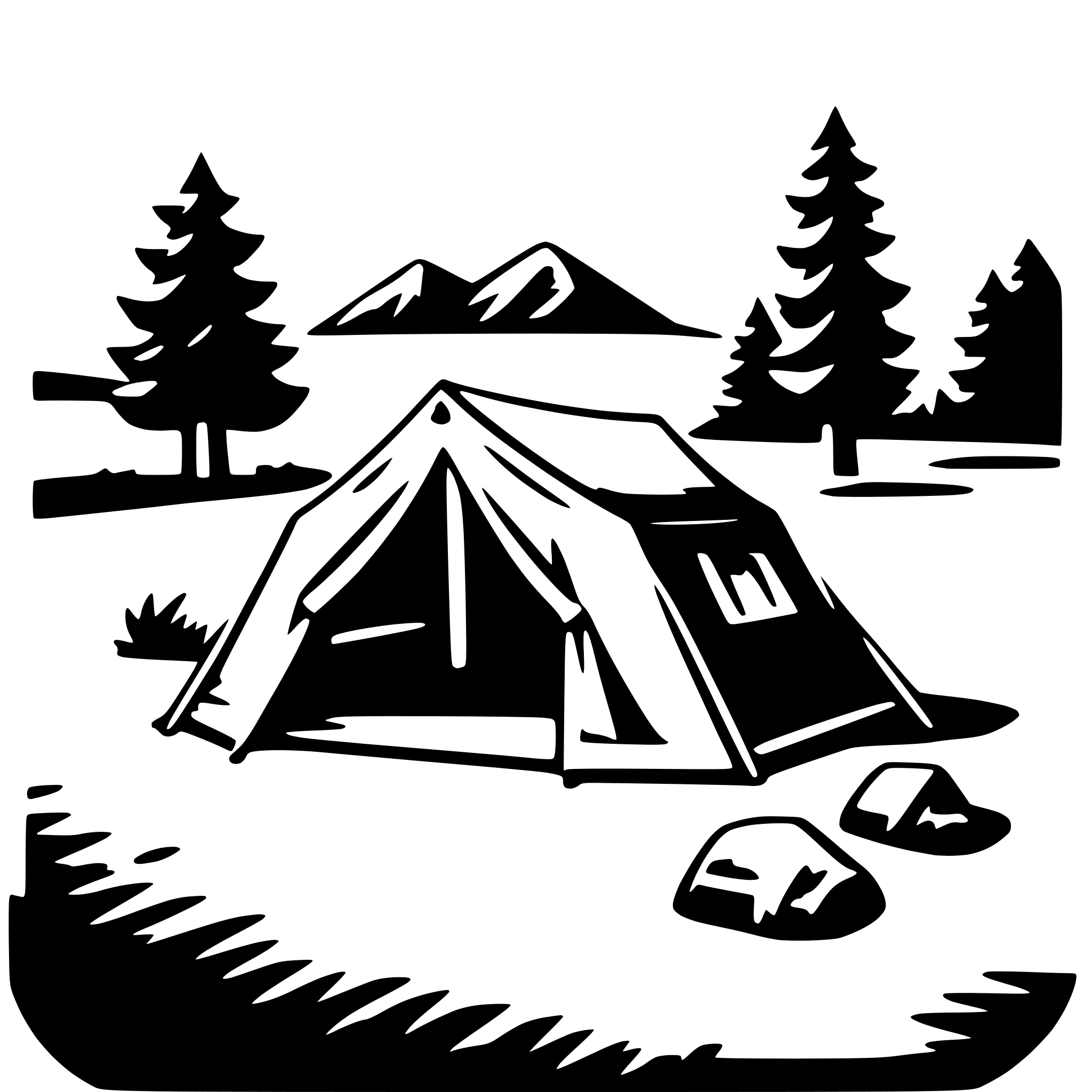 The SVG depicts a simple, stylized camping scene. At the center is a tent with a triangular roof, pitched on a grassy area. To the left of the tent, there is a small, rounded tree, and to the right, a larger, more detailed tree with a pointed top. In the background, there is a mountain with a peak, and a body of water is visible in the lower left corner. The scene is framed by a border that suggests a camping area with a path leading to the tent. The overall style is minimalistic and cartoonish, with bold outlines and a limited color palette. 