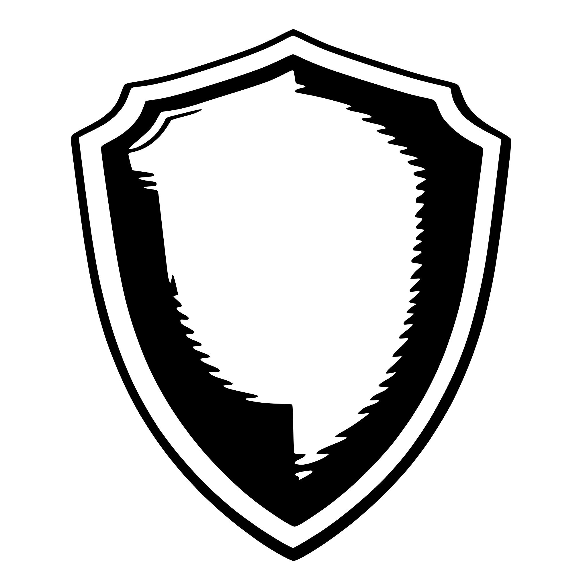 The SVG displays a stylized shield graphic. The shield is outlined in black and has a white interior. It features a pointed top and a curved bottom, with a straight horizontal line across the center. The shield is set against a plain white background. There are no texts or additional elements present in the SVG. The shield is the central object and is the main focus of the SVG. 