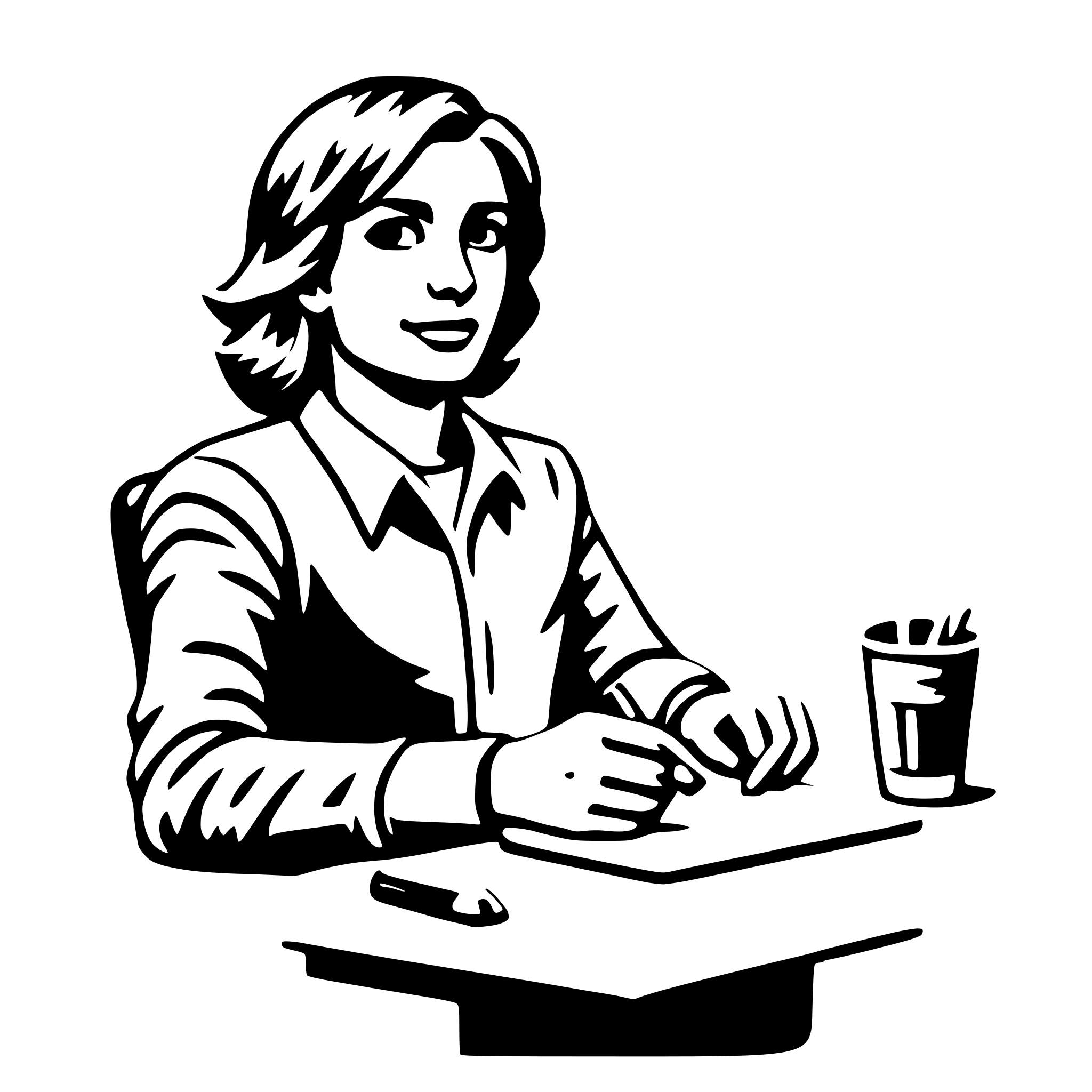 The SVG depicts a stylized illustration of a person sitting at a desk. The individual appears to be a woman with short hair, wearing a collared shirt and holding a pen in her hand. She is looking down at a piece of paper on the desk, which has a few lines of text on it. To the right of the paper, there is a cup, possibly containing a beverage. The overall style is simplistic and cartoonish, with solid lines and minimal shading. The interaction between the objects suggests a moment of concentration or work. 