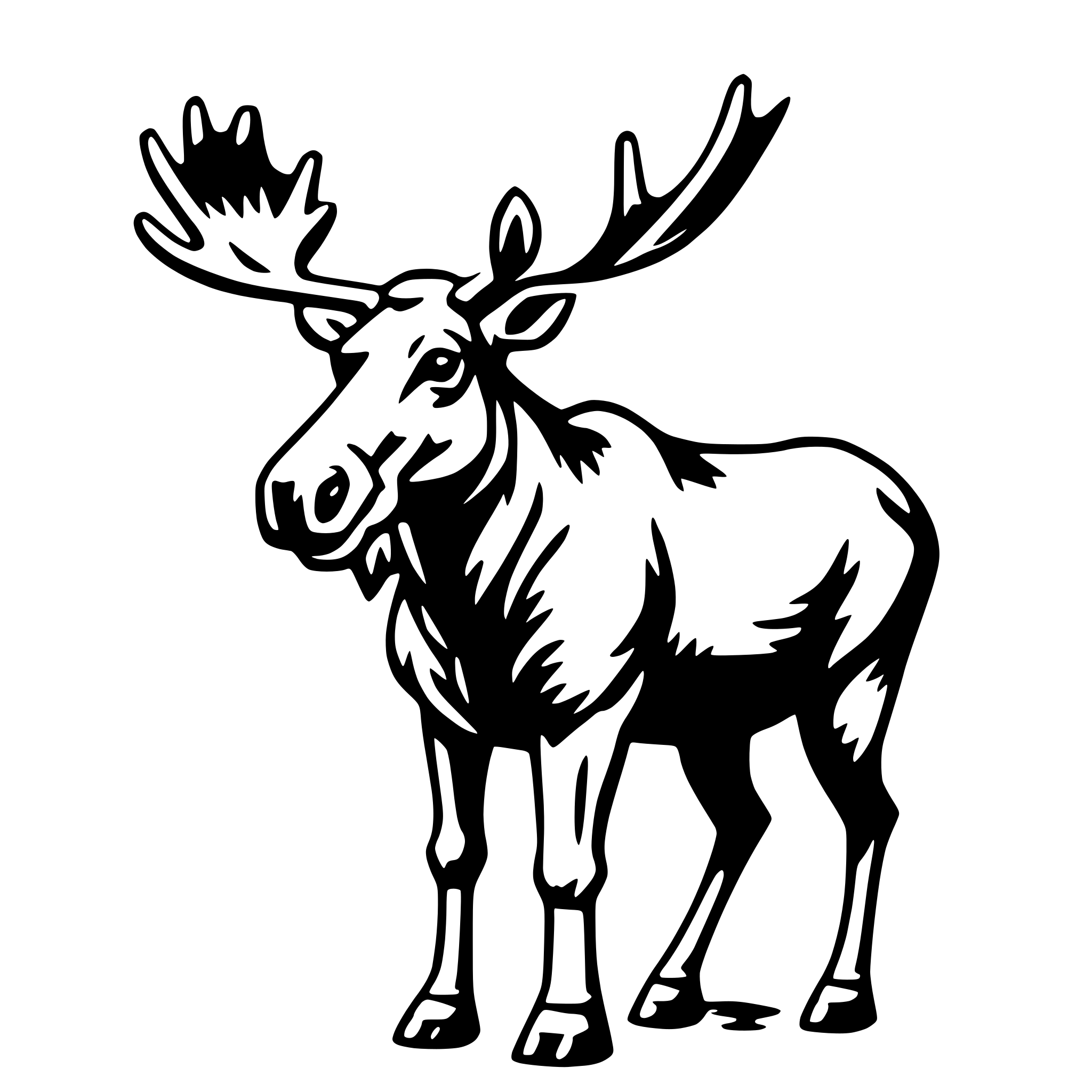 The SVG depicts a stylized, cartoon-like depiction of a moose. The moose is standing with its head turned slightly to the left, and it has large, curved antlers that extend outward from its head. The moose's body is elongated, with a prominent hump on its back, which is characteristic of moose. The moose's legs are straight and end in hooves. The SVG is simple and does not contain any additional objects or interactions. 