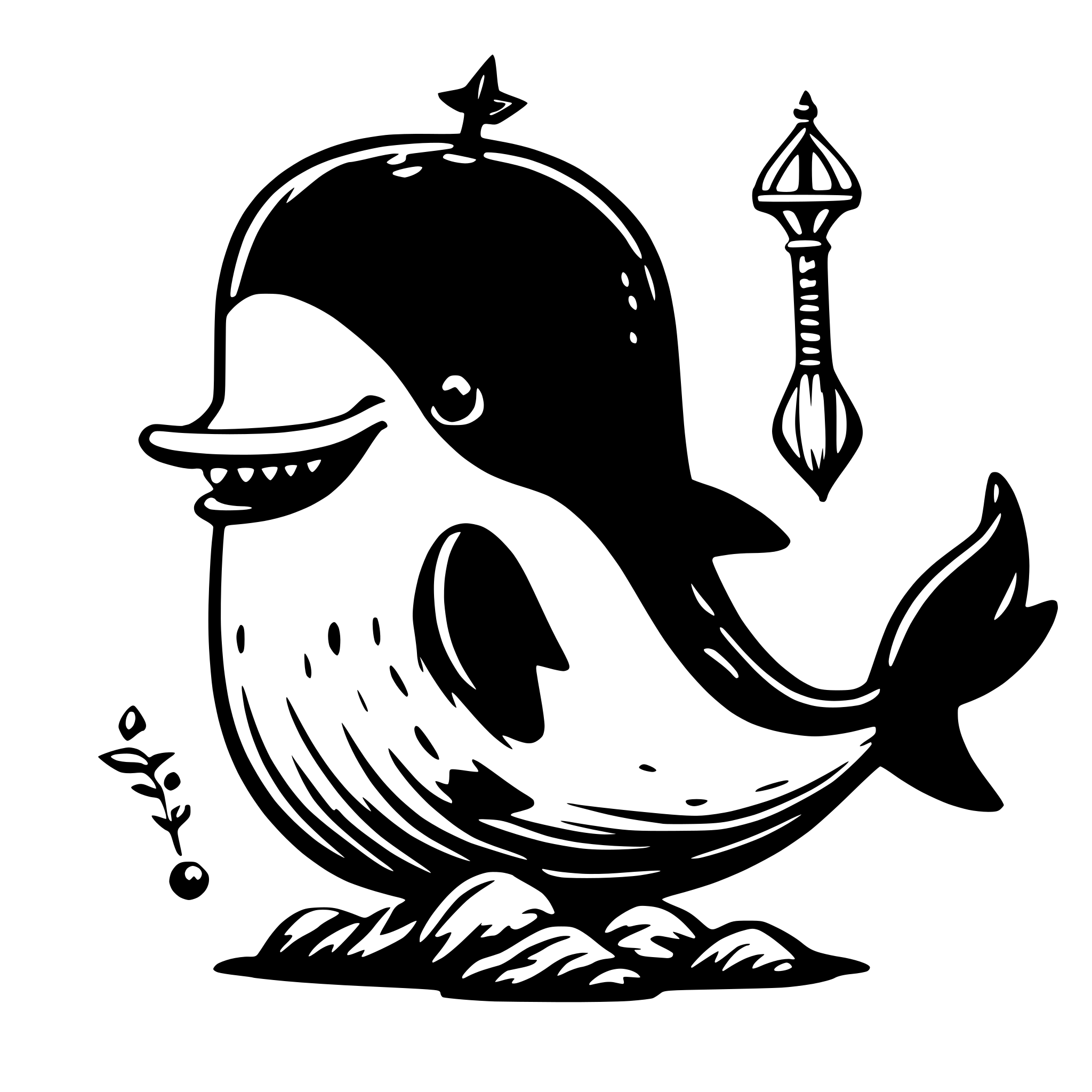 AI-generated SVG of 'a cute and colorful animated whale, holding a mage staff and a lute'