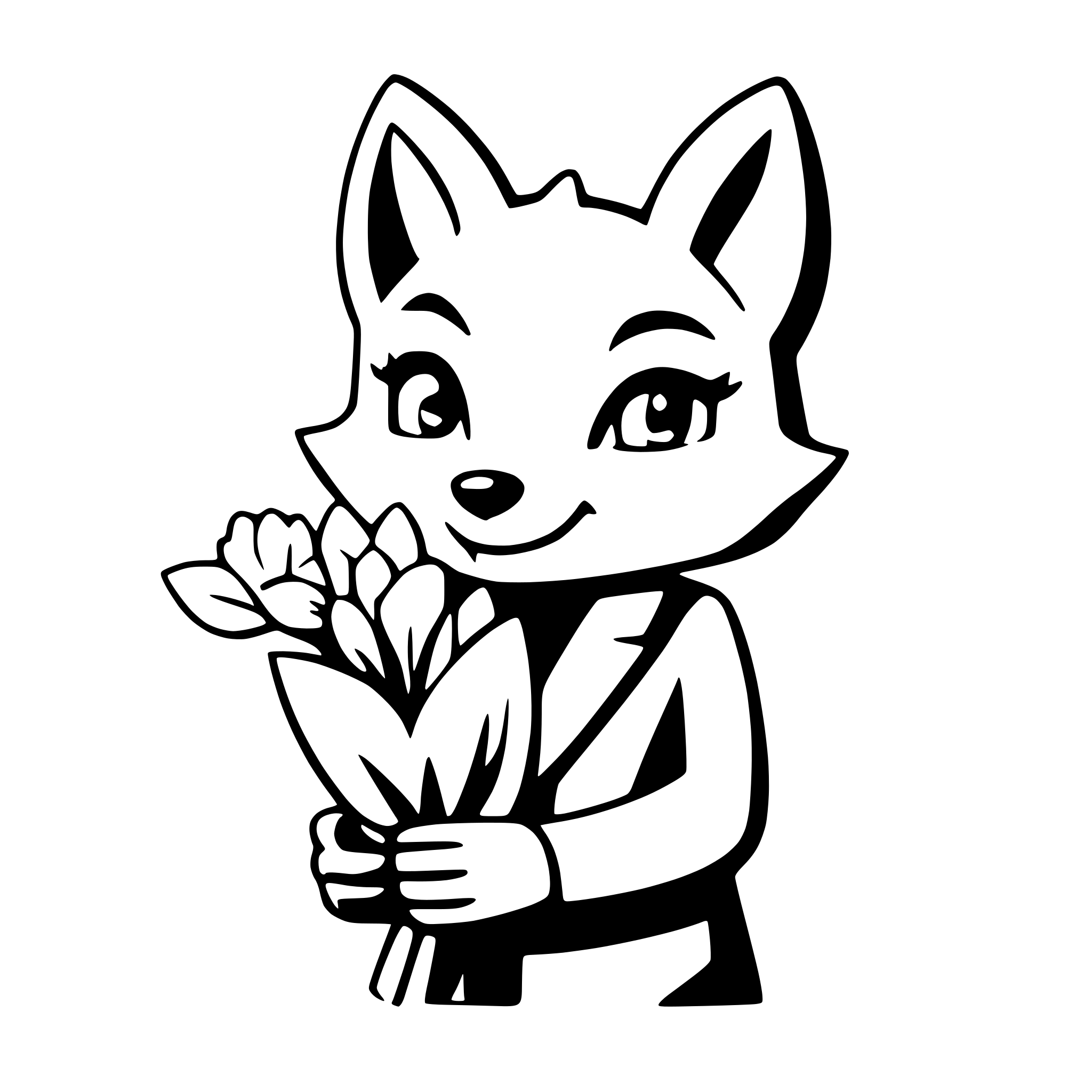 AI-generated SVG of a a cheerful fox holding a bouquet of flowers