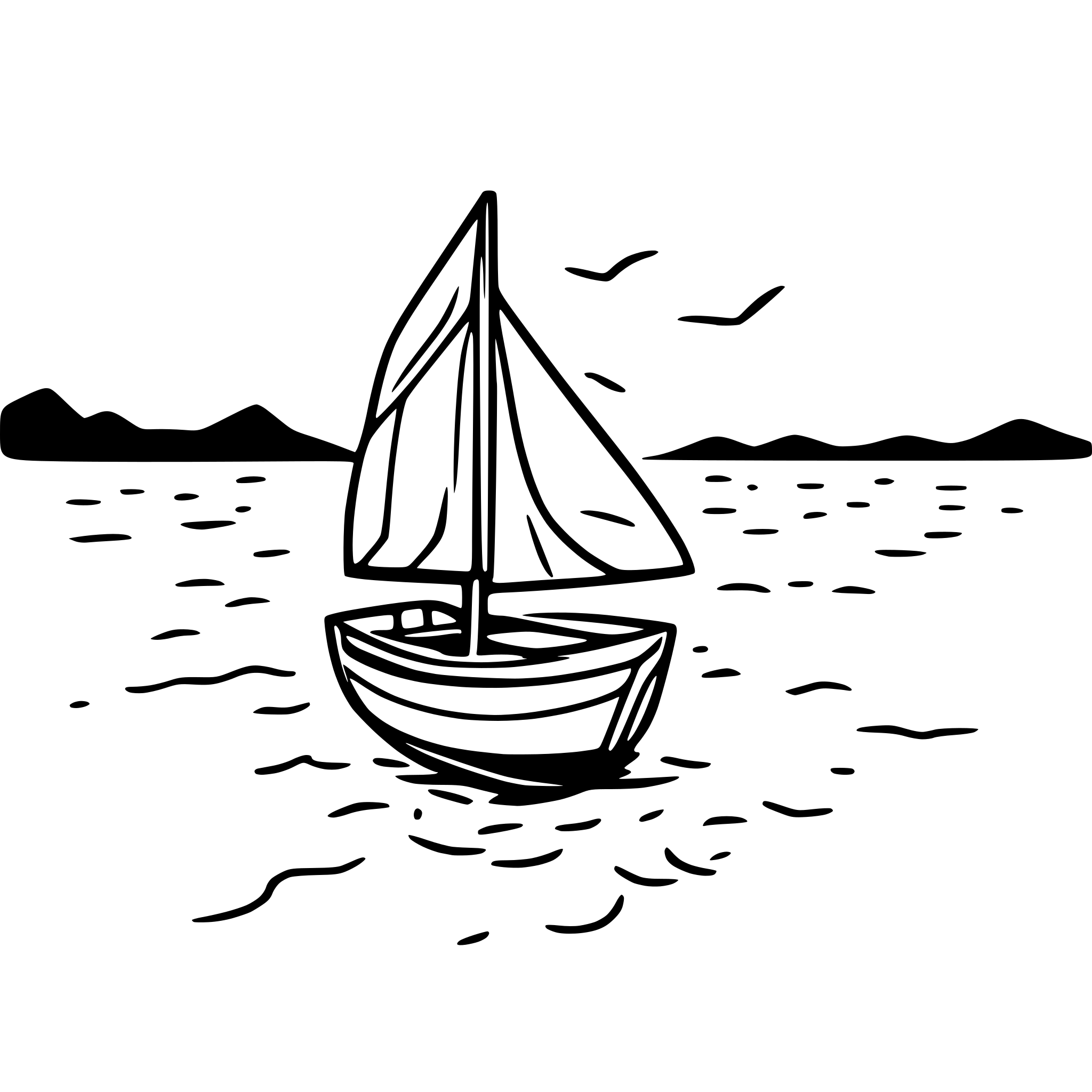 AI-generated SVG of a A sailboat floating on the sea with islands in the background and it is WINDY. The sailboat is moving from left to right. Simple line art. The sea has ROUGH waters.