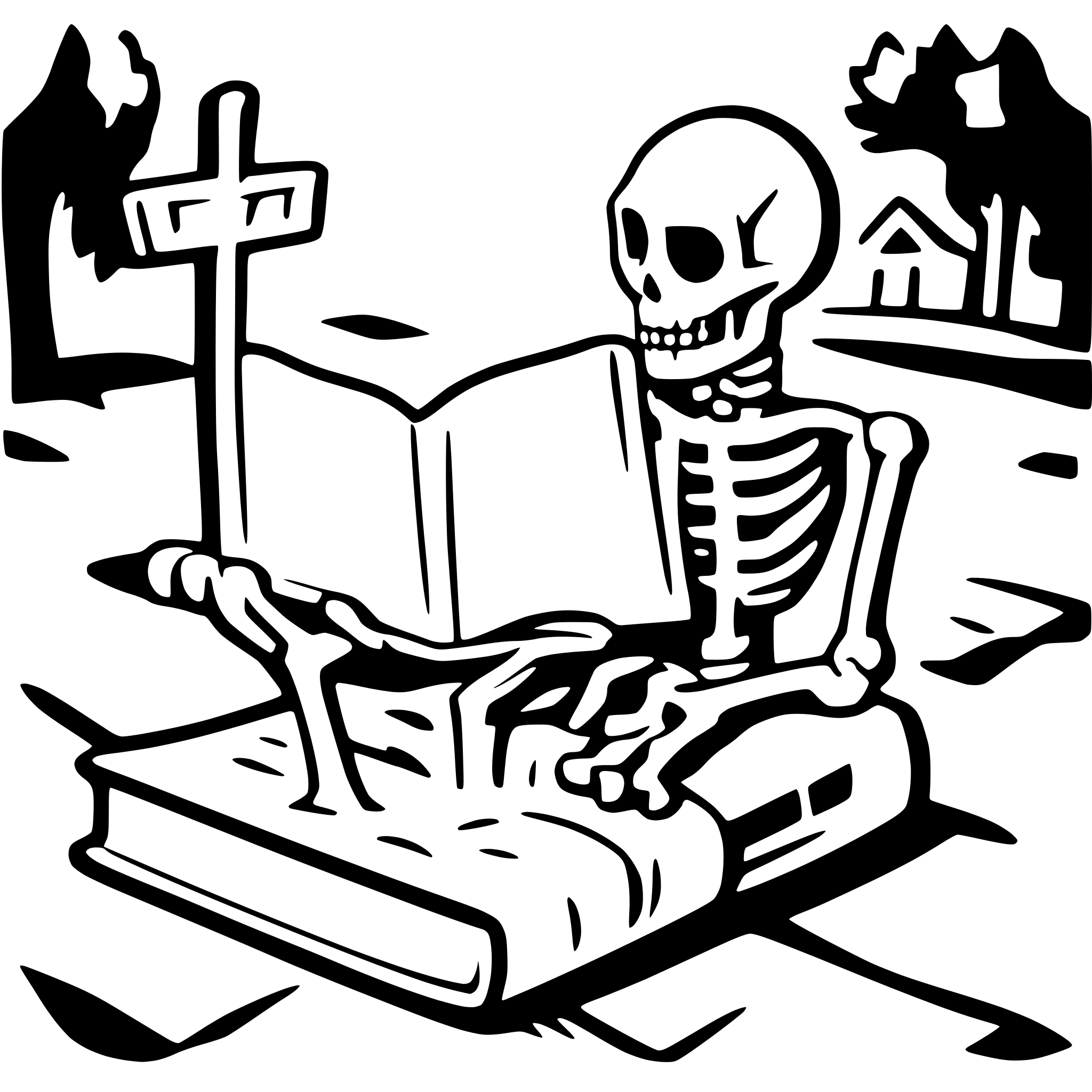 AI-generated SVG of a a skeleton on a cemetery reading a big book