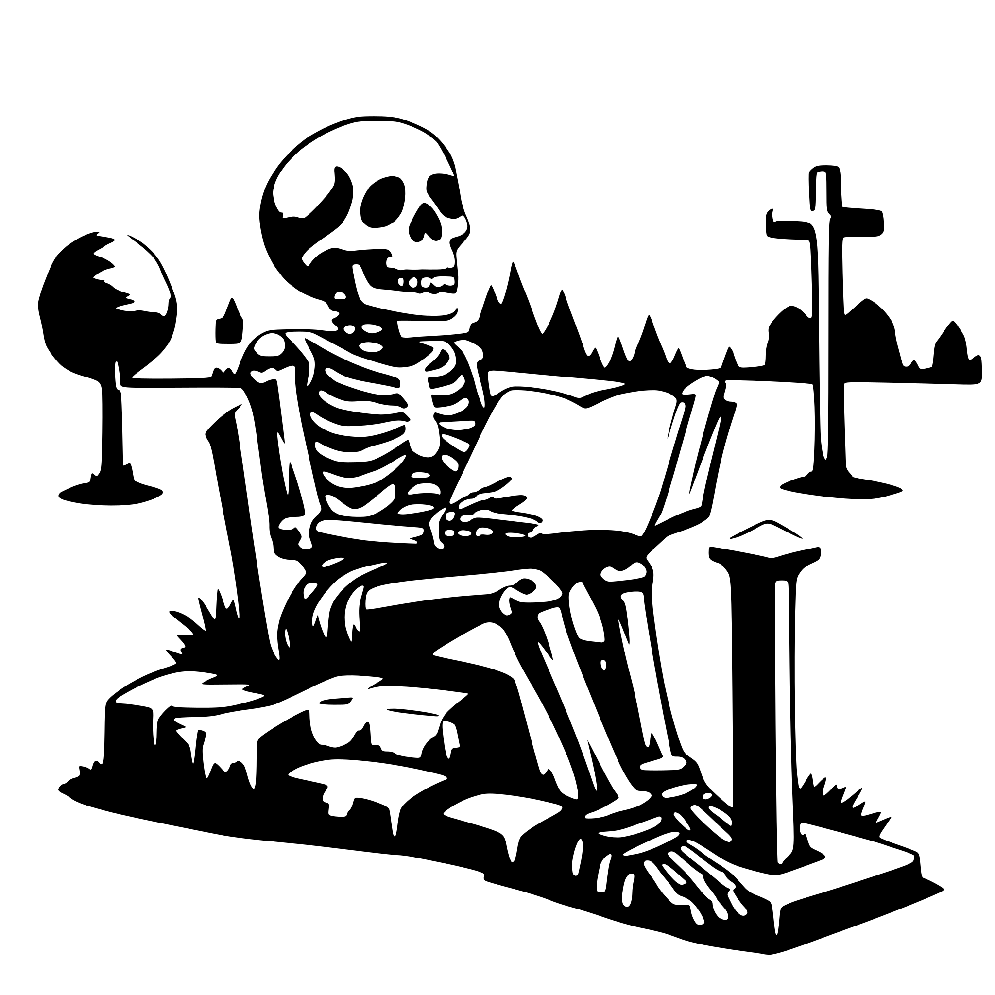 AI-generated SVG of a a skeleton on a cemetery reading a big book