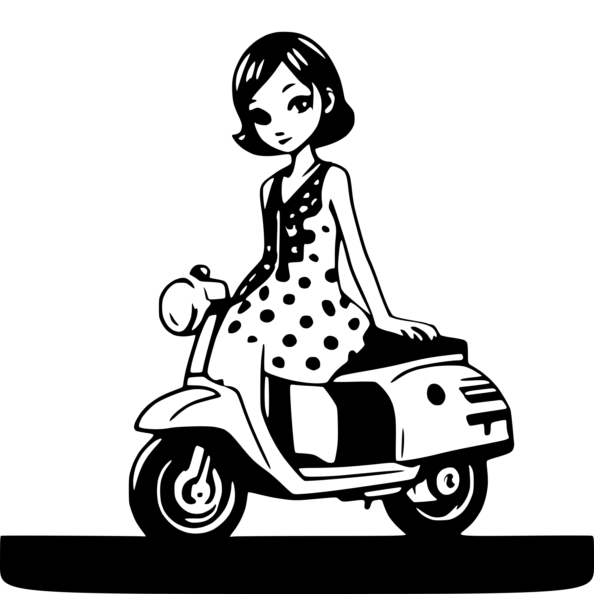 AI-generated SVG of a Girl on a vespa scooter with short dark hair and a polka dot dress