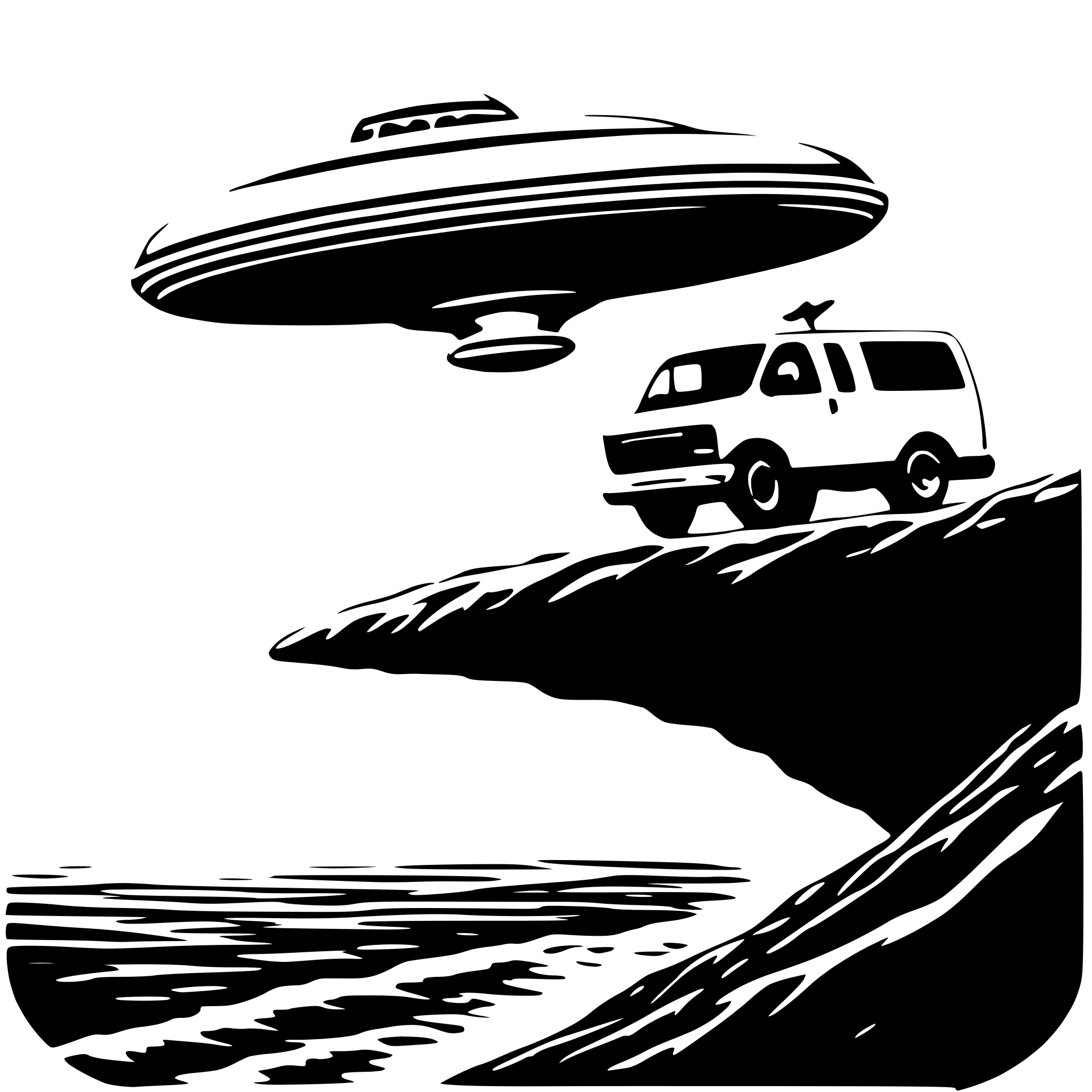 AI-generated SVG of '1997 chevy express passenger van flying off a ocean bluff, being abducted by a ufo'