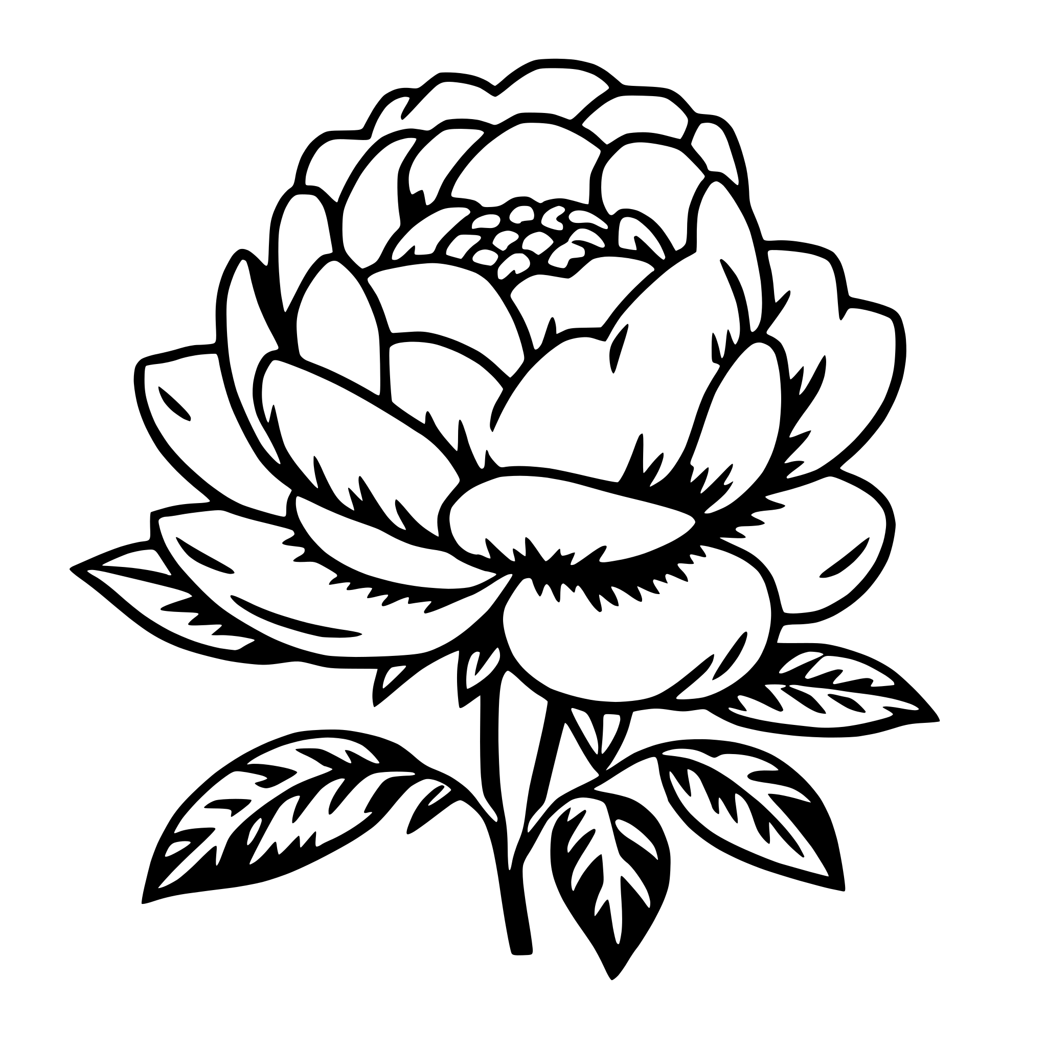 The SVG depicts a stylized black and white illustration of a flower. The flower has a prominent central disc with a pattern that could be interpreted as a cluster of seeds or a floral design. Surrounding the disc are numerous petals that are arranged in a symmetrical pattern, with some petals appearing to be more open than others. The petals have a smooth texture and are detailed with a few lines to suggest depth and dimension. At the bottom of the flower, there are two leaves with a serrated edge, which are attached to a thin stem. The leaves are detailed with a few lines to indicate their veins and texture. The overall style of the illustration is simple and elegant, with a focus on clean lines and a lack of intricate detailing. 