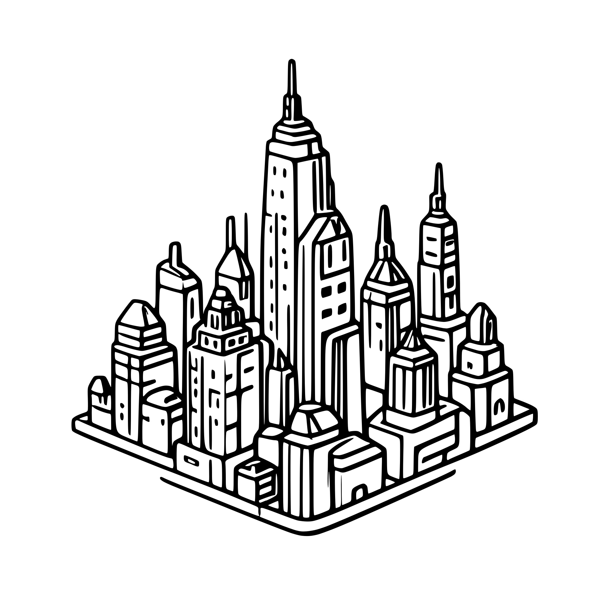 AI-generated SVG of a “Minimal‑line, monochrome night illustration of the New York City skyline. Two iconic towers dominate: the Empire State Building on the left and the Chrysler Building on the right, each rendered in thin, precise outlines and dark‑gray shading. Around them, mid‑rise rectangular buildings fill the lower half of the frame, their window grids drawn in the same subdued gray. The sky is nearly black with a very subtle vertical gradient, containing only a few tiny plus‑shaped stars and faint cloud silh