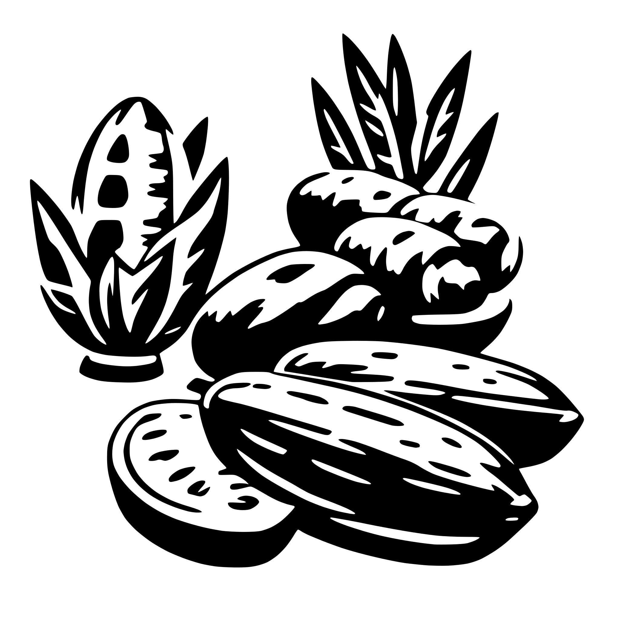 The SVG shows a collection of stylized fruits and vegetables. There is a plant with elongated leaves on the left, a bunch of bananas in the center, and a cluster of what appears to be eggplants or a similar type of fruit on the right. The fruits and vegetables are depicted in a simplified, graphic style with solid black outlines and no shading or coloring. The arrangement suggests a still life composition, commonly used in art to depict everyday objects. 