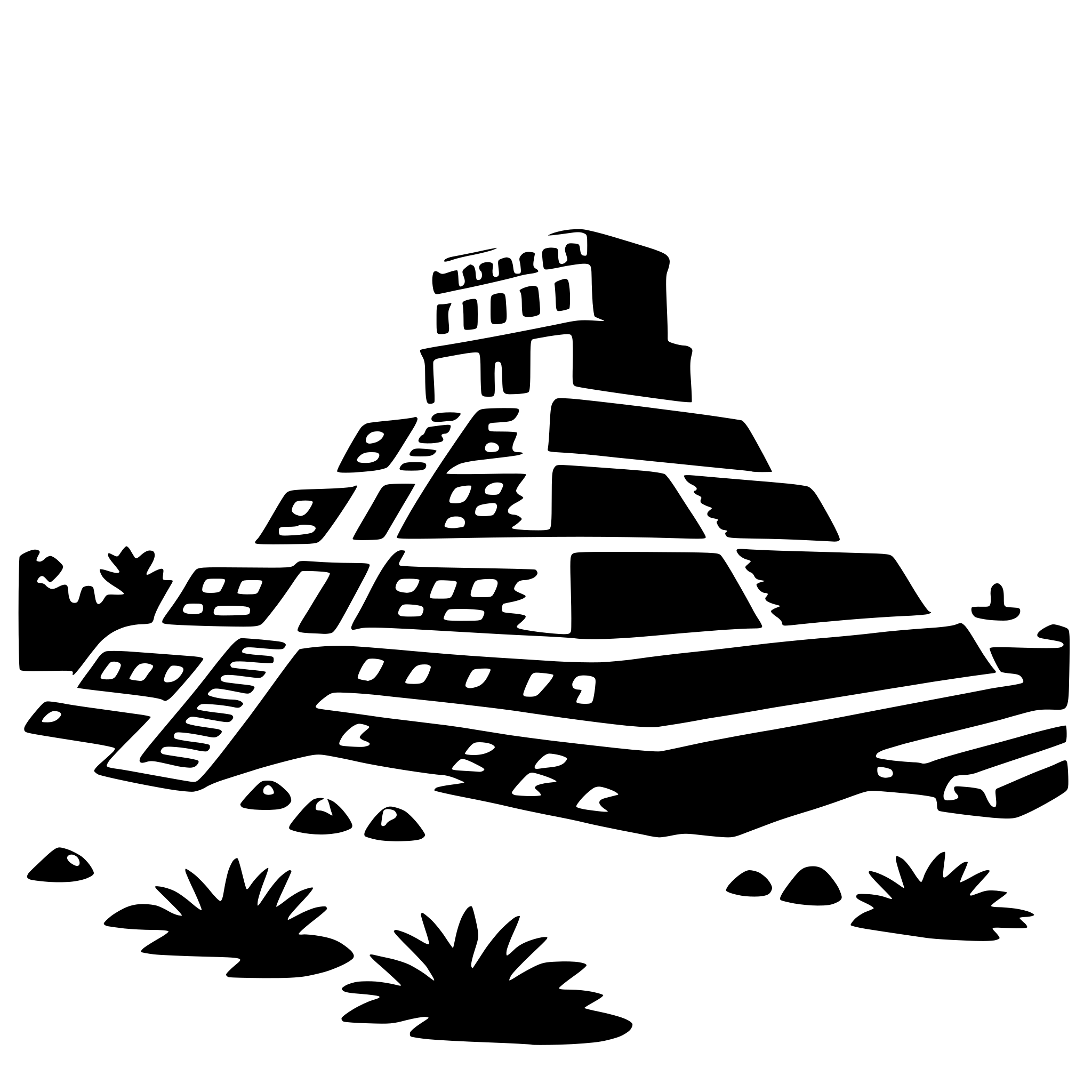 The SVG depicts a stylized pyramid-like structure with multiple levels, each featuring a series of rectangular openings. The structure is set against a backdrop that suggests a desert landscape with sparse vegetation. The pyramid is the central focus of the SVG, with its design resembling that of ancient Mesoamerican architecture. The surrounding elements, such as the cacti and the simplified representation of the landscape, serve to frame the pyramid and provide context for its location. The SVG is a vector graphic, which means it is composed of lines and shapes that can be scaled without losing quality. 