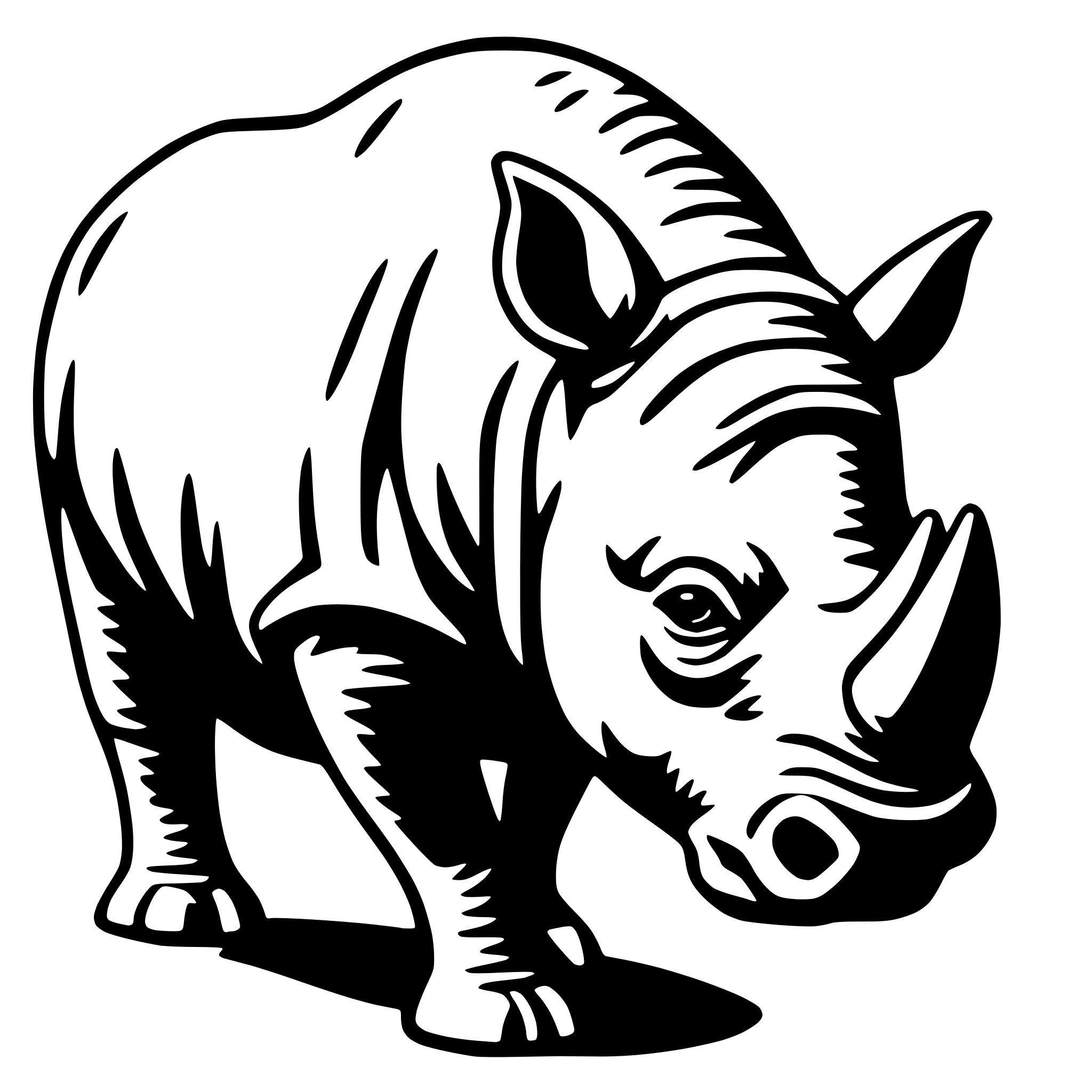 The SVG depicts a stylized, cartoon-like representation of a rhinoceros. The rhinoceros is shown in profile, facing to the right. It has a large, rounded head with two small horns on top, and a prominent snout with a small, curved horn on the forehead. The rhinoceros's eyes are large and round, and it has a small, triangular ear on the side of its head. Its body is elongated with a hump on its back, and it has four legs with two visible knees. The rhinoceros is standing on all fours, and its tail is not visible in the SVG. The style of the SVG is simplistic and lacks detail, giving it a flat appearance. 