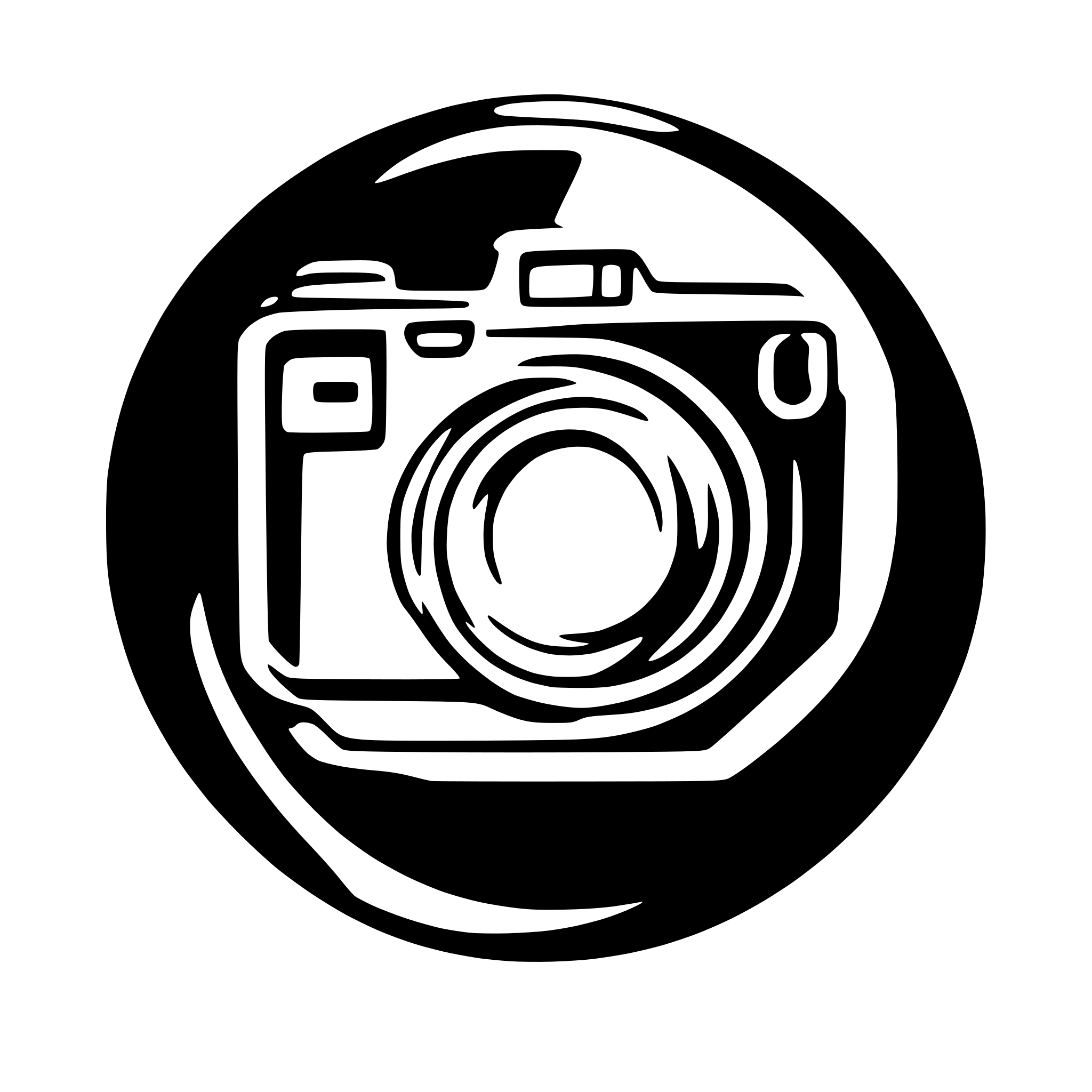 AI-generated SVG of a Create a minimalist vector SVG logo icon featuring a modern, soft-edged camera outline in a smooth horizontal rectangle shape. At the center, include a circular aperture formed by six geometric blades, evenly spaced, resembling a camera shutter. Inside the aperture, integrate a stylized iris or eye, abstract and tech-inspired, without sharp realism. Use a vibrant gradient that transitions from deep violet-blue (#6246EA) to electric pink (#FC5A6D) and light coral (#FD746C). The overall design sho