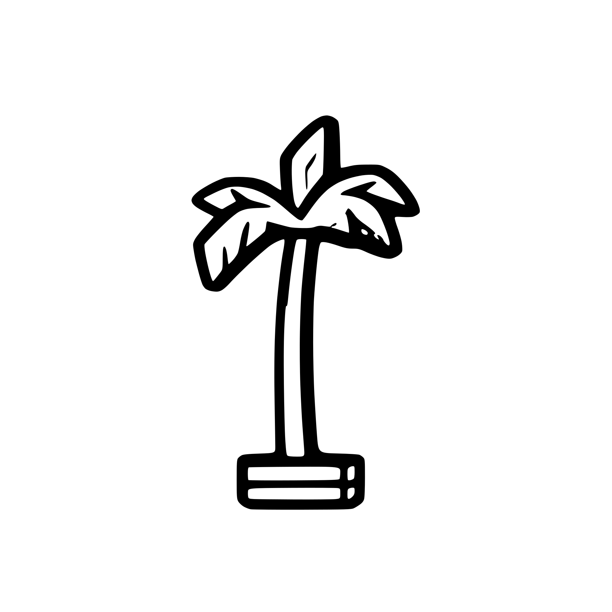 AI-generated SVG of a A simple minimalist logo of a palm tree with a pixelated effect on its leaves, representing a blend of nature and technology. The trunk is straight and brown, and the leaves are green with small square pixel elements integrated at their tips. The design is clean, modern, and uses flat colors with no gradients, on a transparent background, no floor