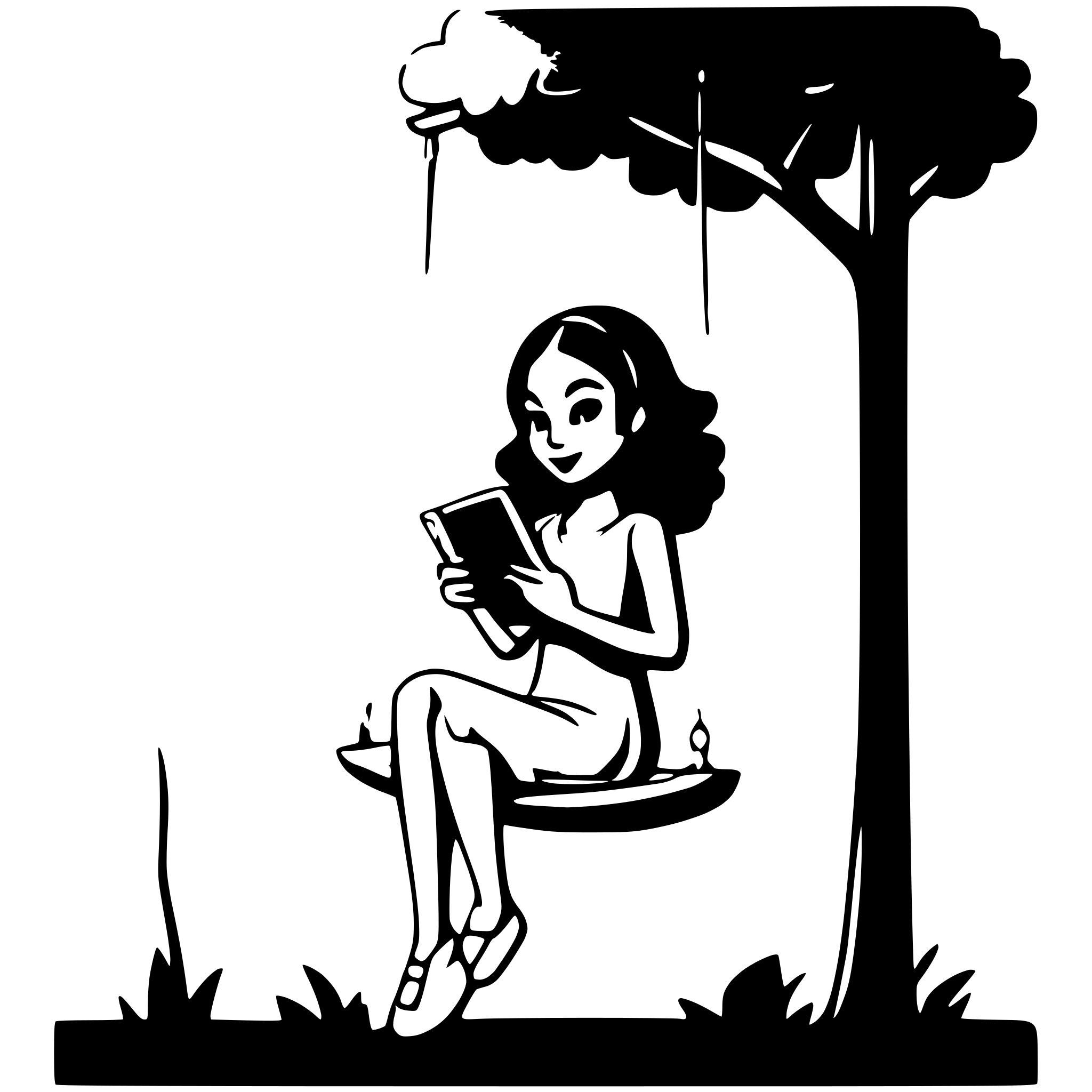 AI-generated SVG of a hill with tree, african lady reading a tablet on a pod swing
