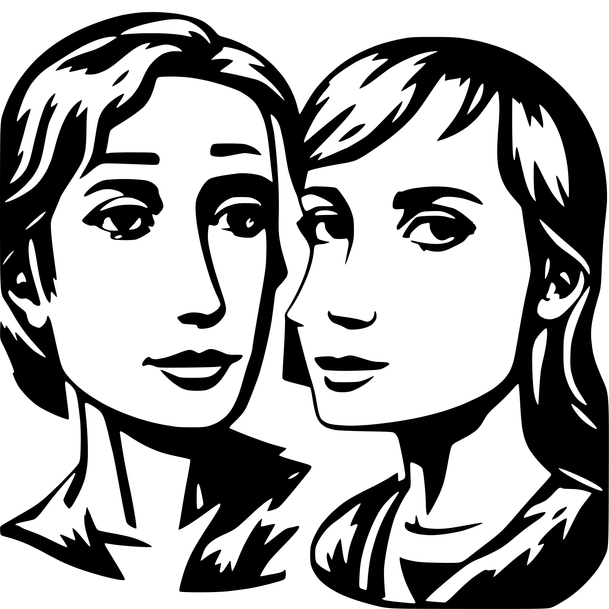AI-generated SVG of a 2 faces of people talking, abstract, black and white