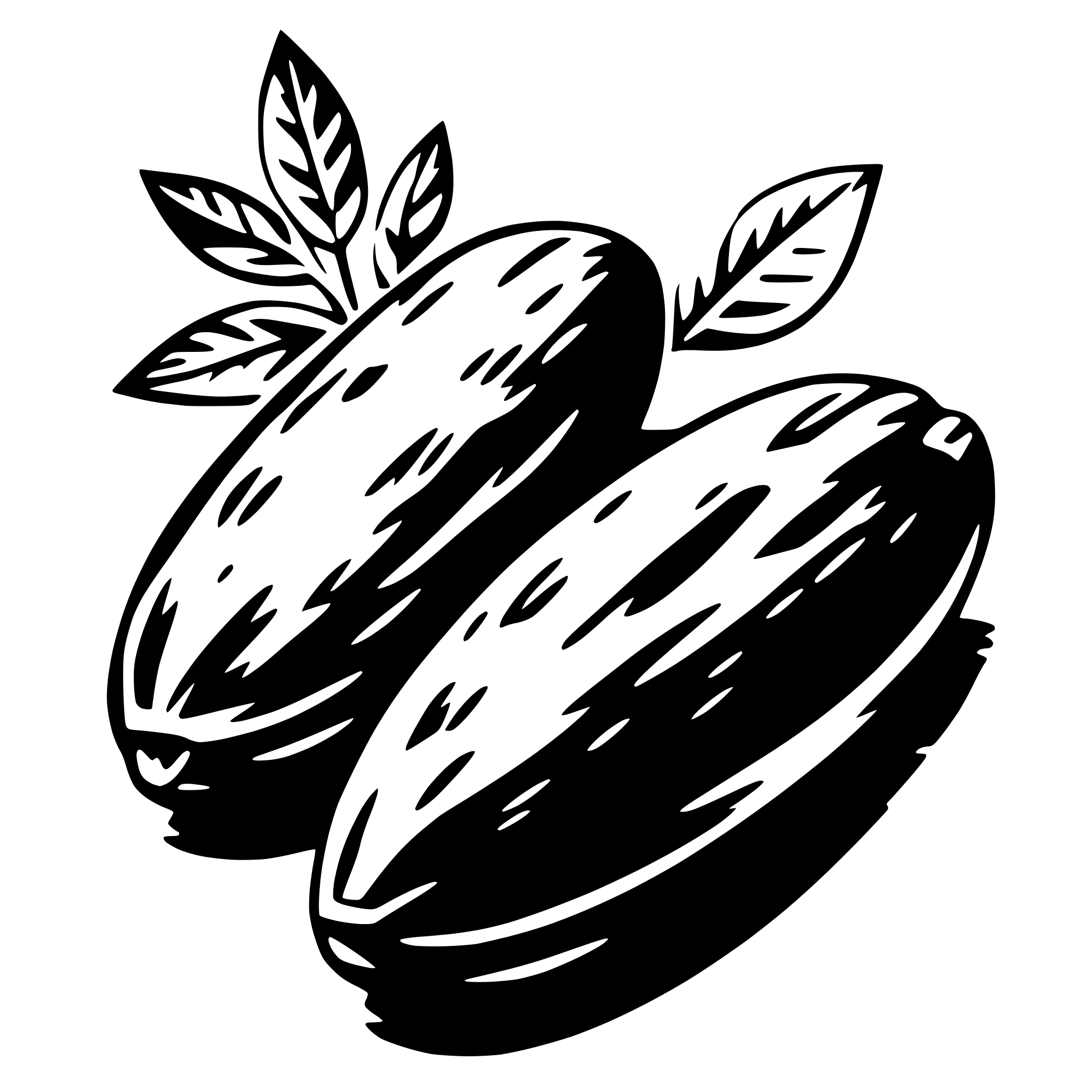 The SVG shows two stylized, elongated fruits with a leaf on top, suggesting they are bananas. The fruits are depicted with a textured surface, giving them a somewhat realistic appearance. The leaf is detailed with veins and has a pointed shape. The fruits are positioned close together, with the leaf resting on top of them. The overall style is simple and graphic, with a clear emphasis on the fruits and leaf. 