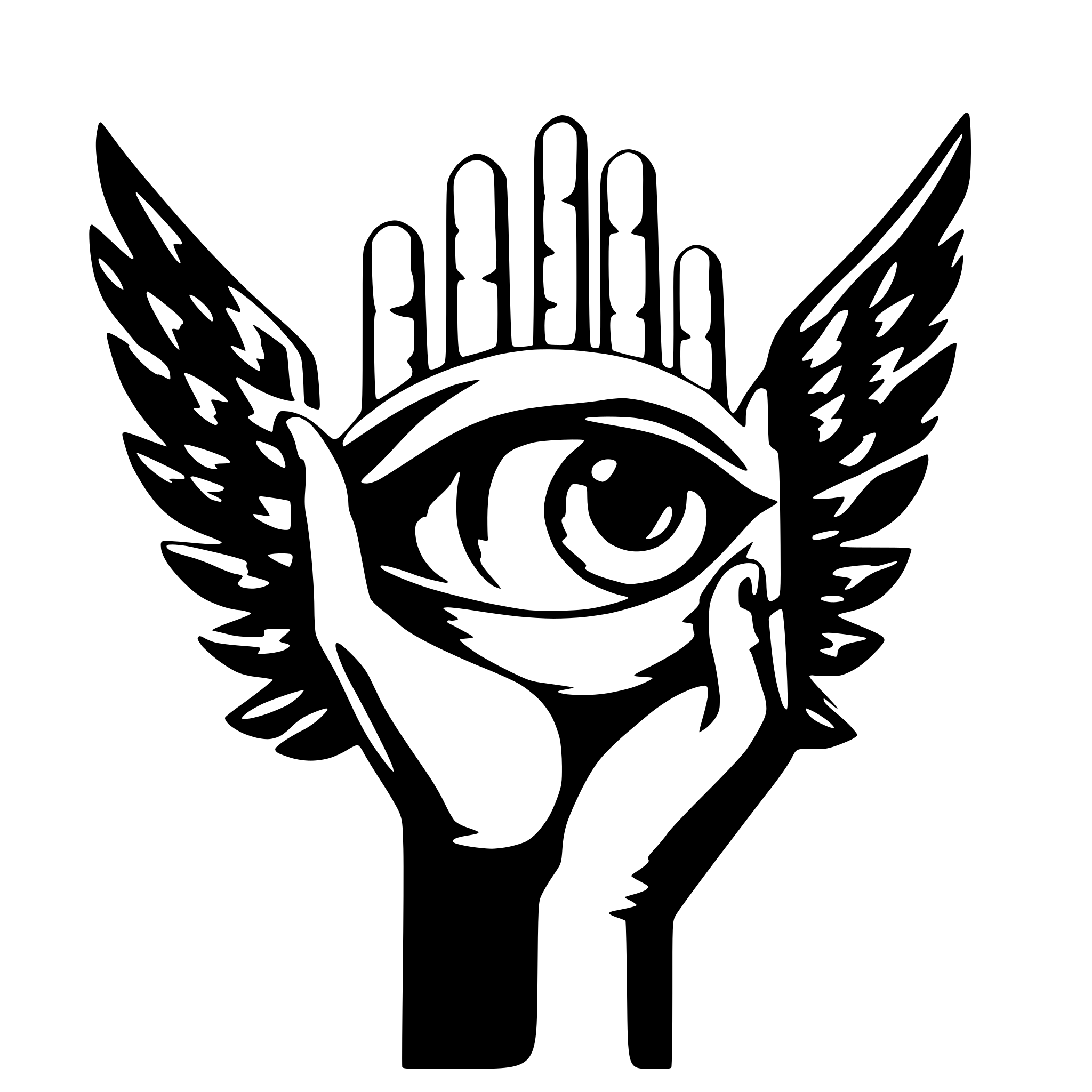 AI-generated SVG of a a disembodied eye with angel wings on each sides. Below the eye are 2 people touching their palm together, each standing on a disembodied hand.