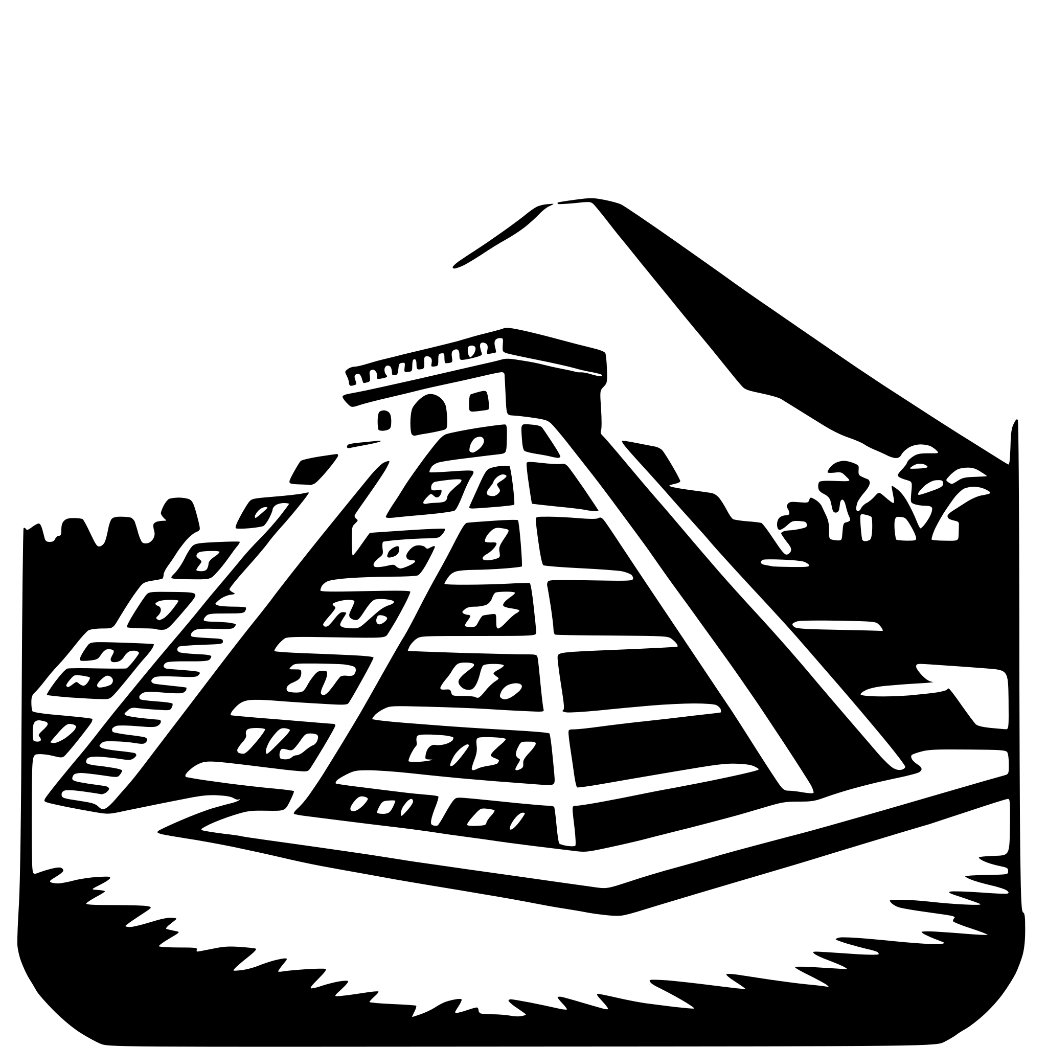 The SVG depicts a stylized representation of the Pyramid of the Sun at the Teotihuacan archaeological site in Mexico. The pyramid is shown with a series of steps leading up to the top, and there are glyphs or symbols inscribed on the steps. The pyramid is set against a backdrop that includes a mountain and some vegetation, suggesting a landscape setting. The style of the SVG is simplistic and graphic, with solid black lines and no shading or color, which is typical for vector graphics. 