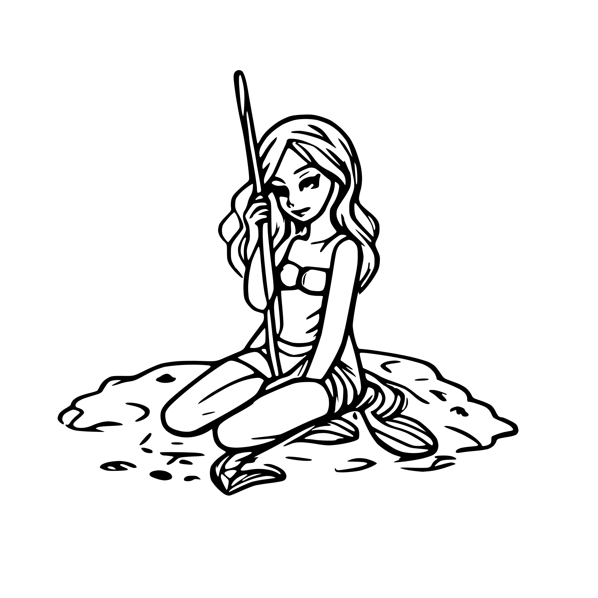 AI-generated SVG of a Mermaid drawing in the sand with a stick, lost in thought. No background, only character outlines.