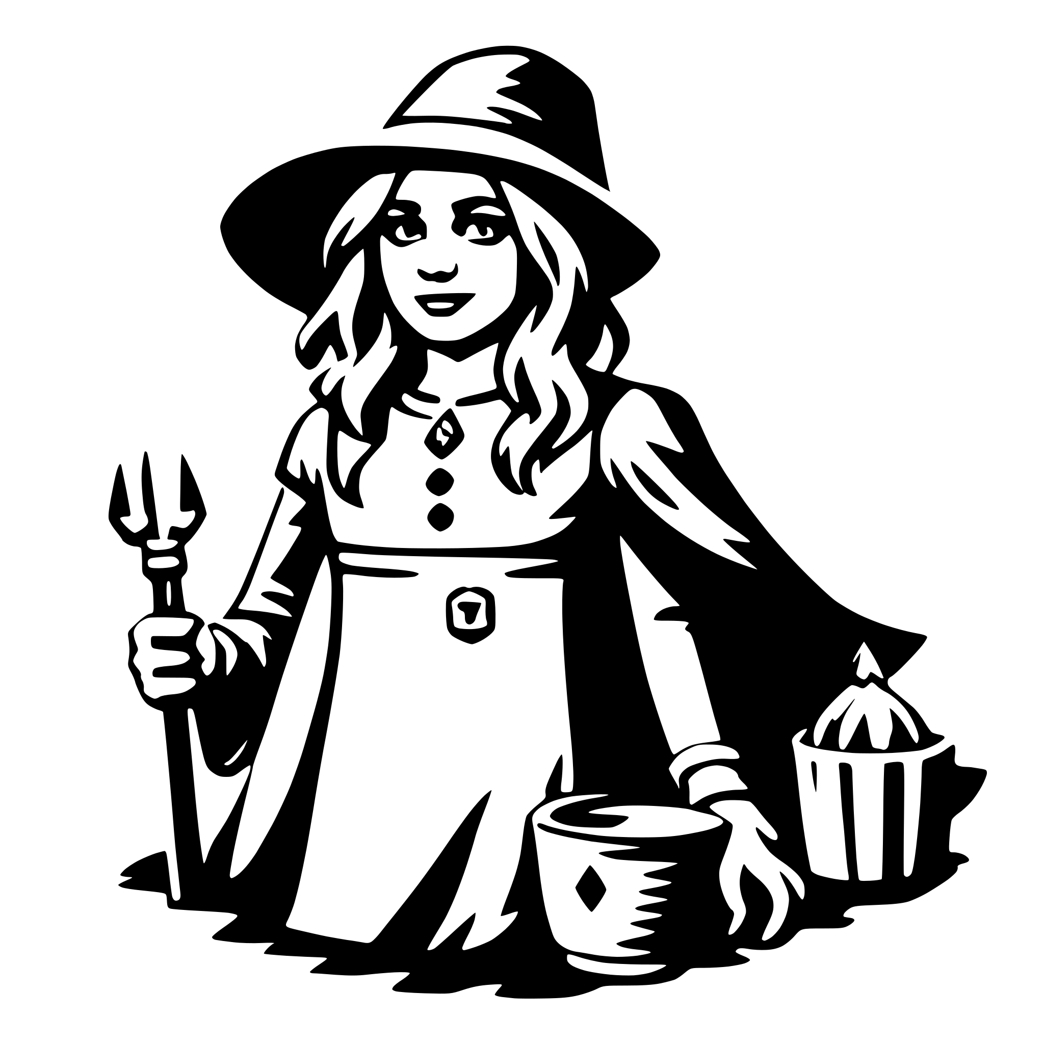 The SVG depicts a stylized illustration of a woman dressed in a witch-like costume. She is wearing a pointed witch's hat, a long-sleeved dress with a high collar, and a cape that drapes over her shoulders. In her right hand, she holds a broomstick, and in her left hand, she holds a cauldron with a stirring spoon. The woman is smiling and appears to be in a cheerful or welcoming pose. The overall style of the illustration is cartoonish and simplistic, with bold outlines and minimal shading. 