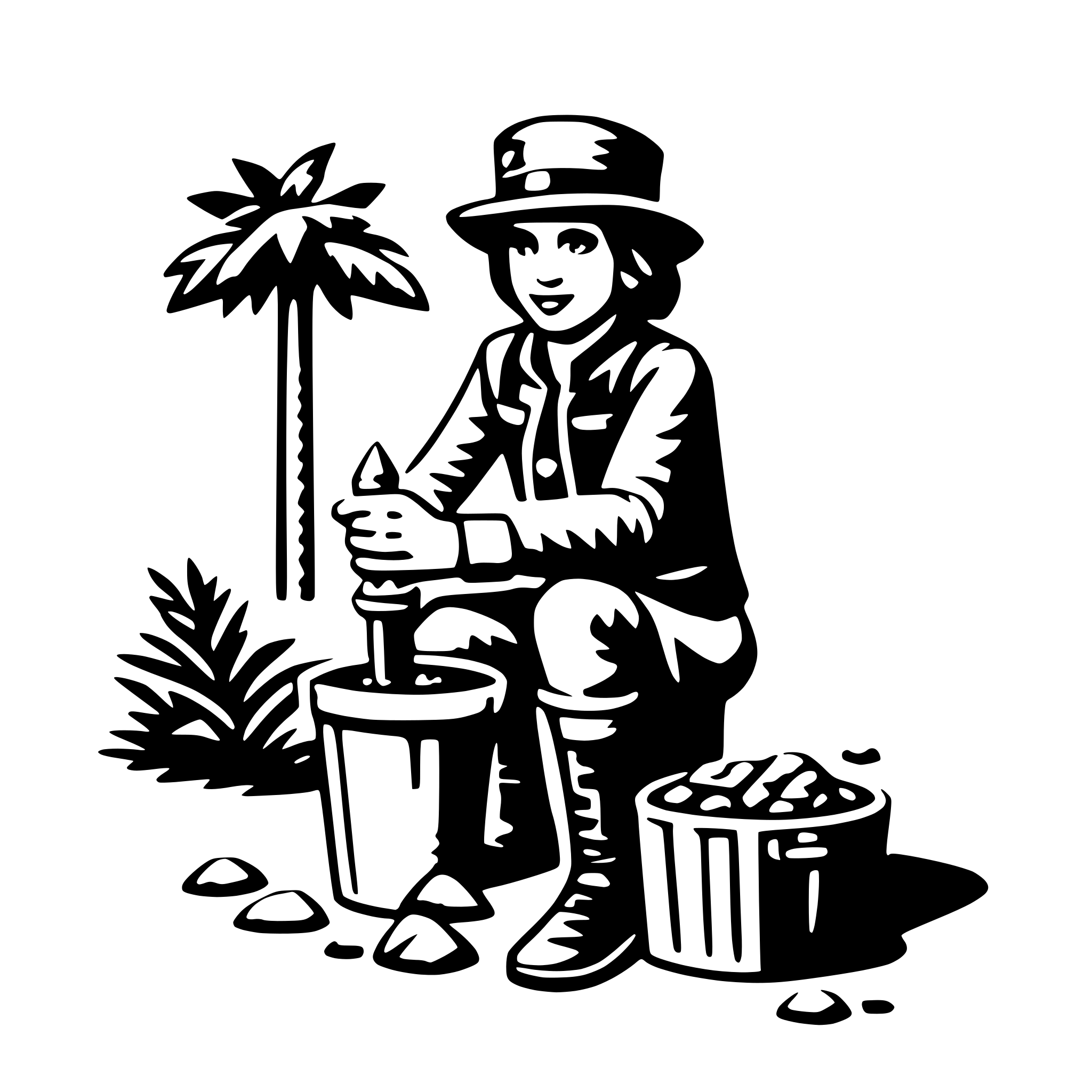 The SVG depicts a stylized, cartoon-like illustration of a person sitting on the ground. The individual is wearing a wide-brimmed hat and a long-sleeved shirt with rolled-up sleeves, suggesting a casual or work-related attire. They are holding a shovel with both hands, indicating some form of manual labor or gardening activity. In front of the person, there is a bucket containing what appears to be soil or compost. The setting includes a small palm tree to the left and a few rocks scattered around, suggesting an outdoor environment. The overall style is simple and graphic, with solid black lines and no shading or gradients, which is typical for vector illustrations. 