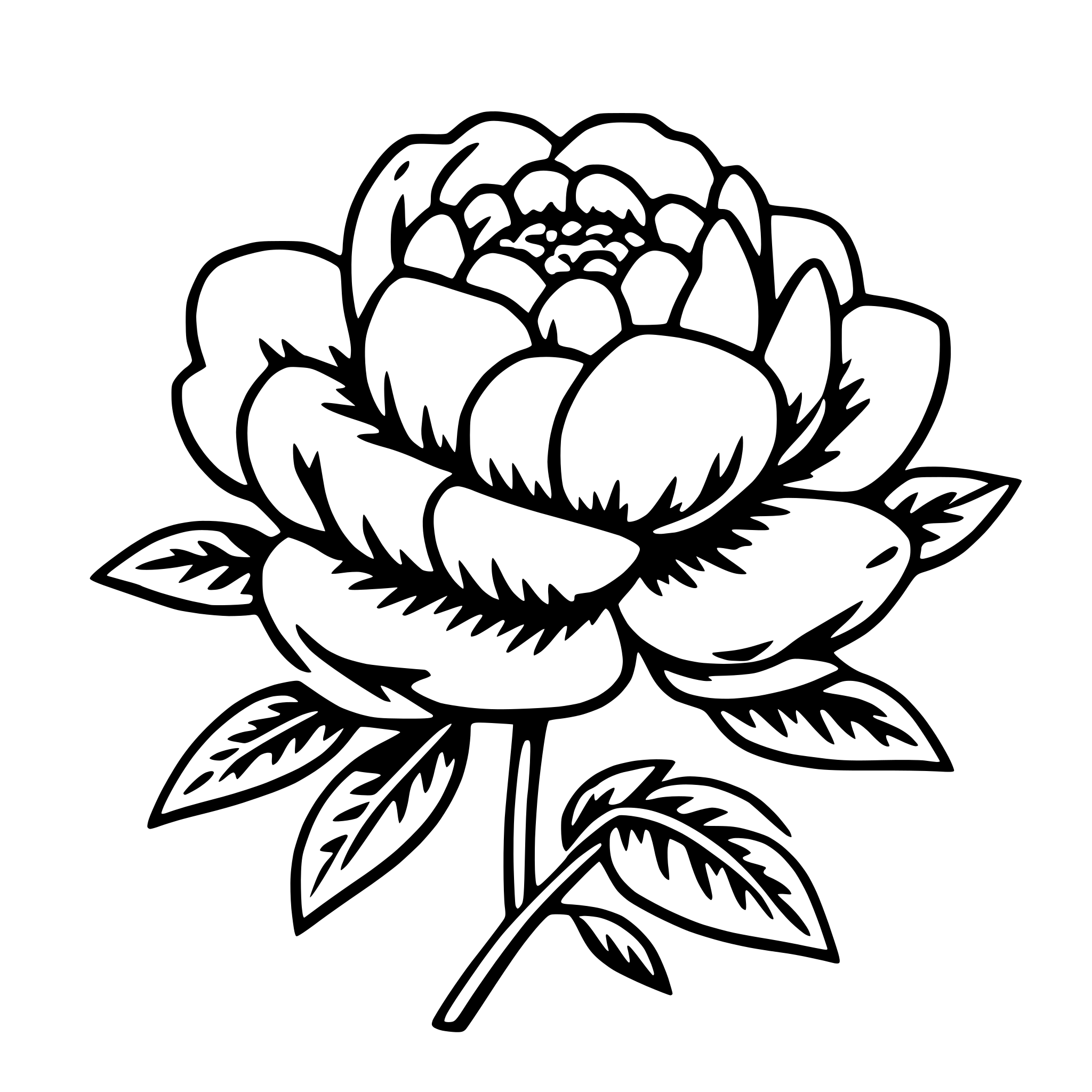The SVG depicts a stylized black and white illustration of a rose. The rose has a full bloom with multiple layers of petals, and it is adorned with green leaves. The stem of the rose is also visible, with a single leaf extending from it. The rose is the central focus of the SVG, and there are no other objects or interactions depicted. The style of the illustration is simple and elegant, with clean lines and a limited color palette. 