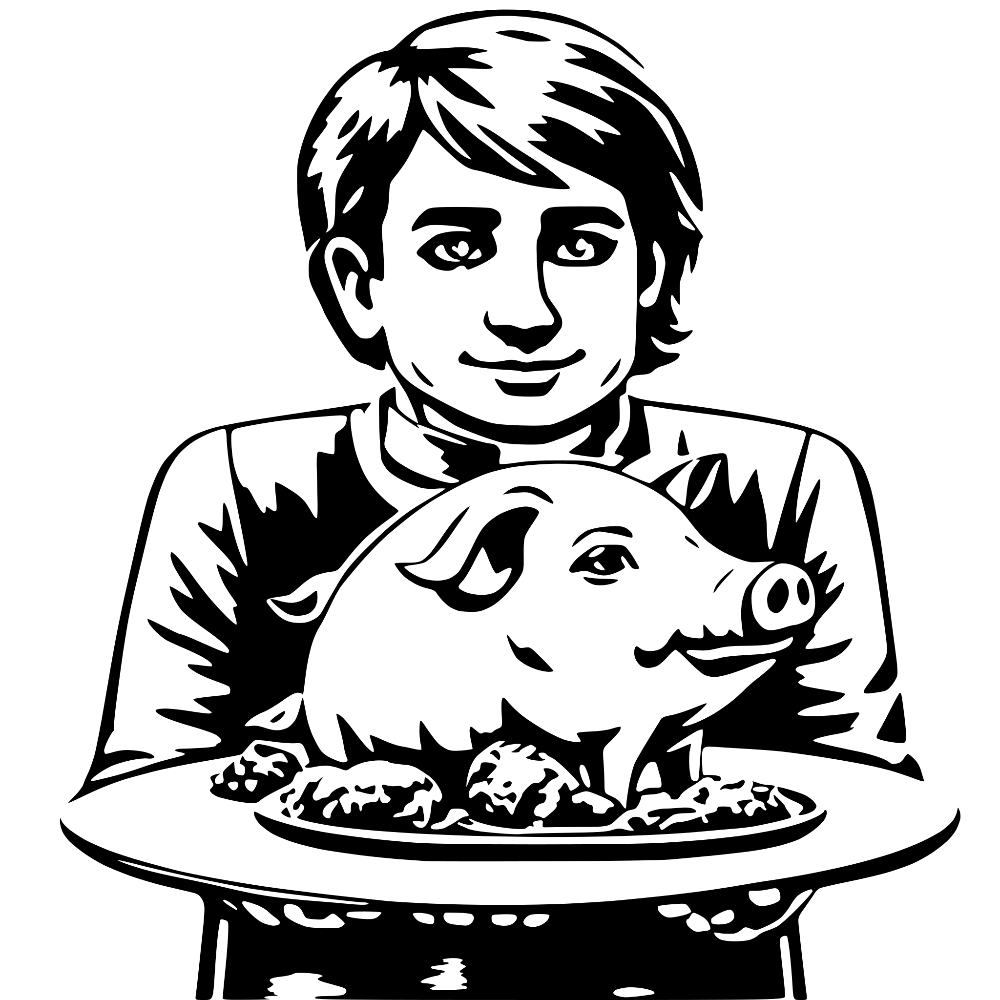 AI-generated SVG of a a man withe a very pig body small head holding a plate of food make it more abstract
