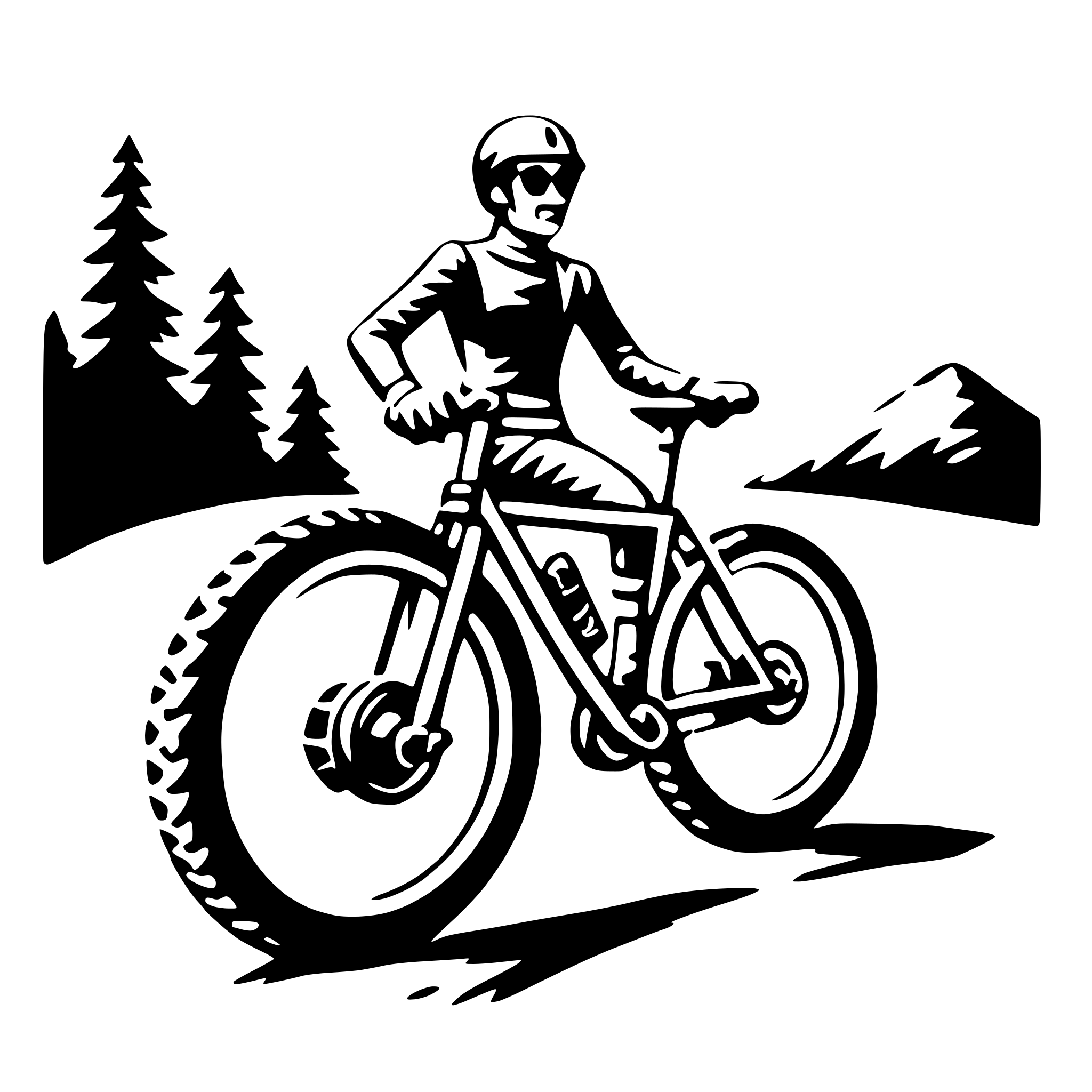 The SVG depicts a stylized black and white illustration of a person riding a bicycle. The cyclist is wearing a helmet and appears to be in motion, with one leg extended forward and the other on the pedal. The bicycle has large, exaggerated tires, suggesting it is designed for off-road or mountain biking. The background features a simplified landscape with trees and a mountain, which adds to the outdoor, adventurous theme of the illustration. The style of the SVG is reminiscent of a comic book or graphic novel, with bold lines and a limited color palette. 