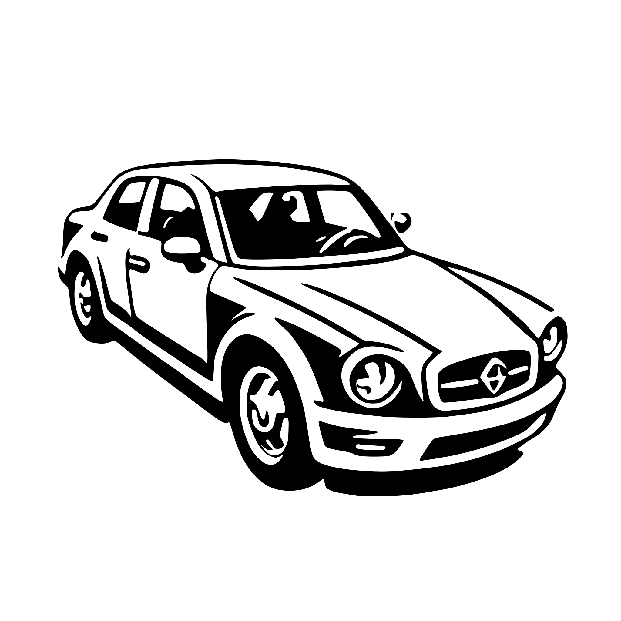 The SVG depicts a stylized, front-facing view of a car. The car has a sleek design with a prominent grille, headlights, and a curved hood. It features a set of wheels and a visible exhaust pipe. The car is set against a plain background, and there are no other objects or interactions depicted in the SVG. 