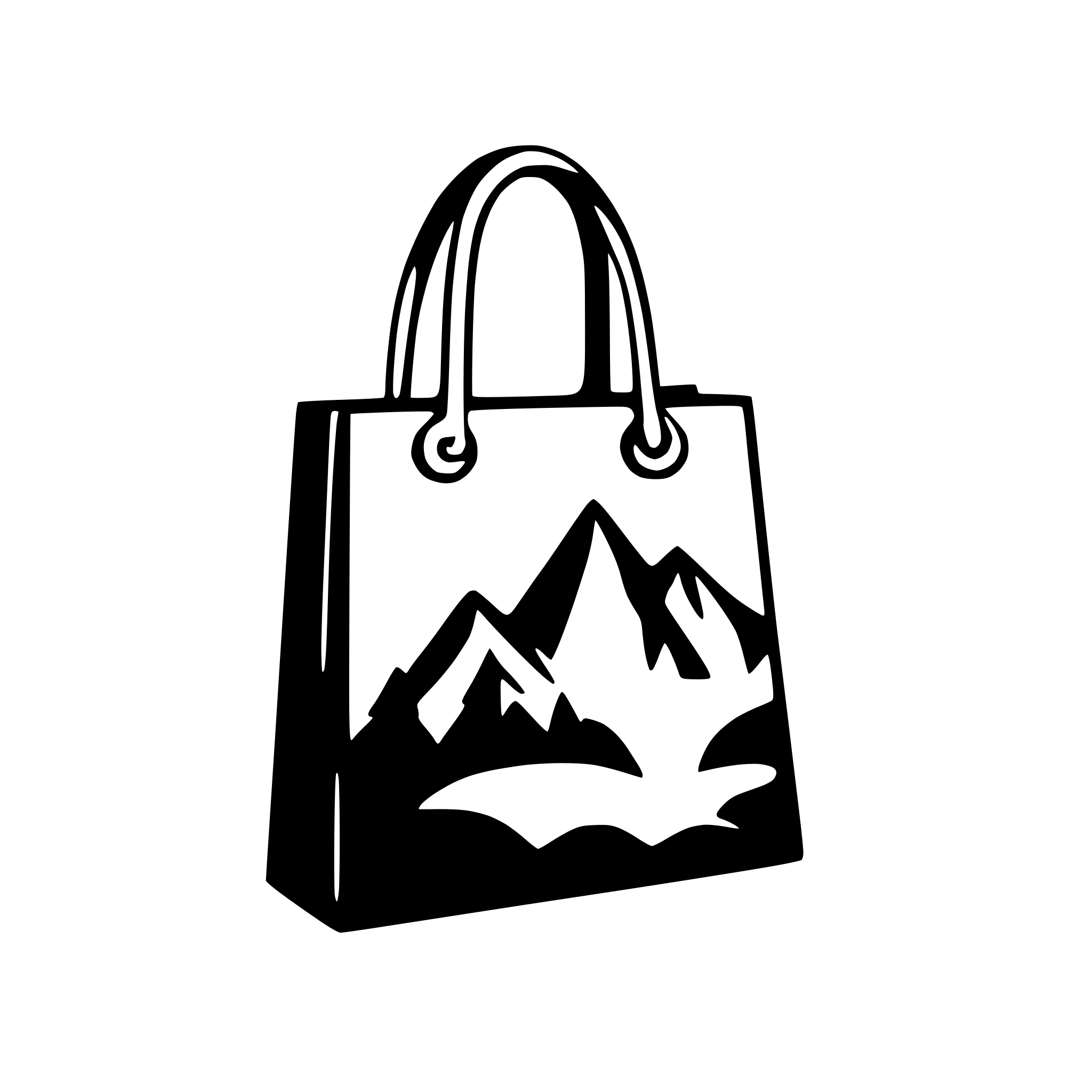 AI-generated SVG of a handdrawn minimal shopping bag in two dimensions with mountain silhouette