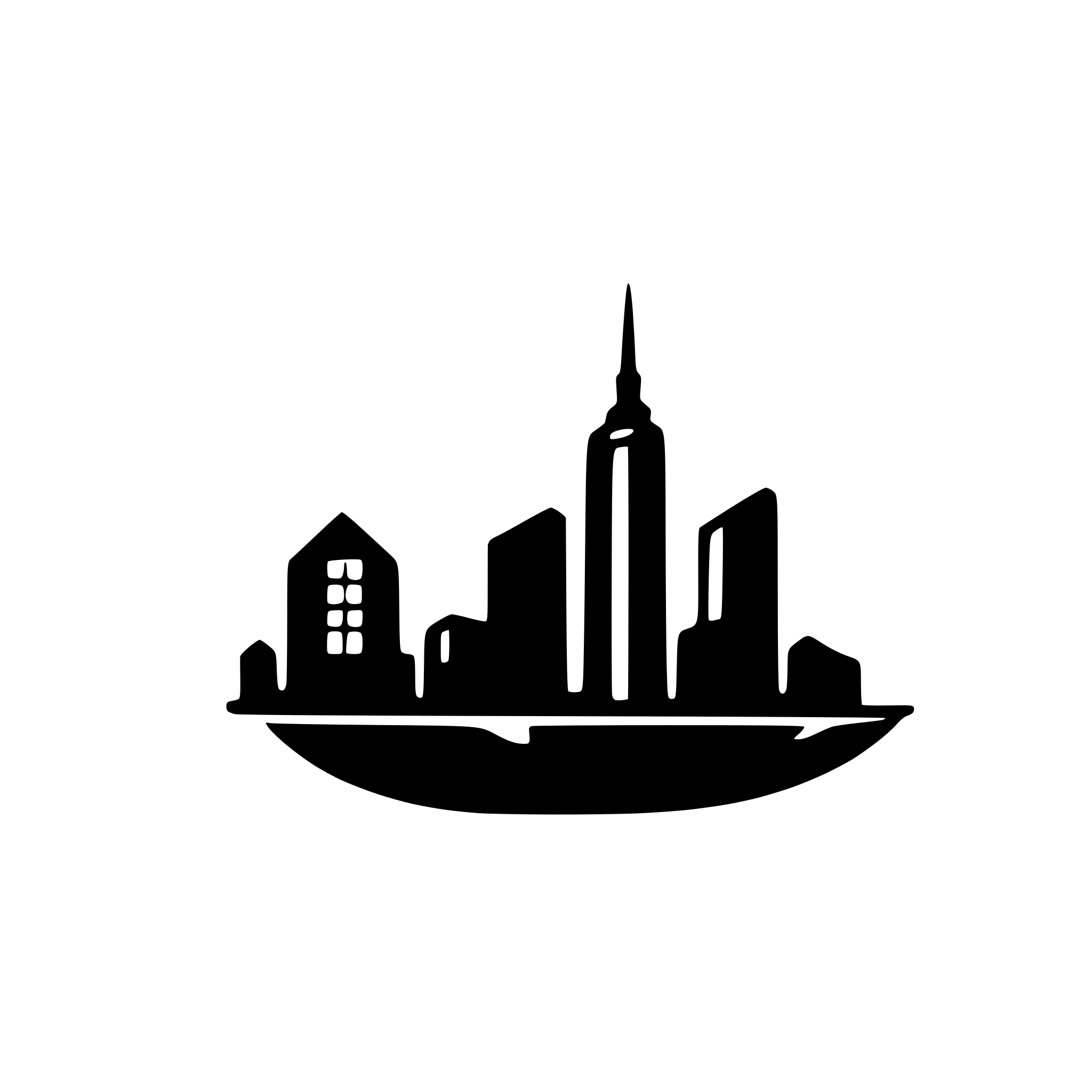 AI-generated SVG of a side-view of city's skyline silhouette with 2 small  buildings among 10 houses