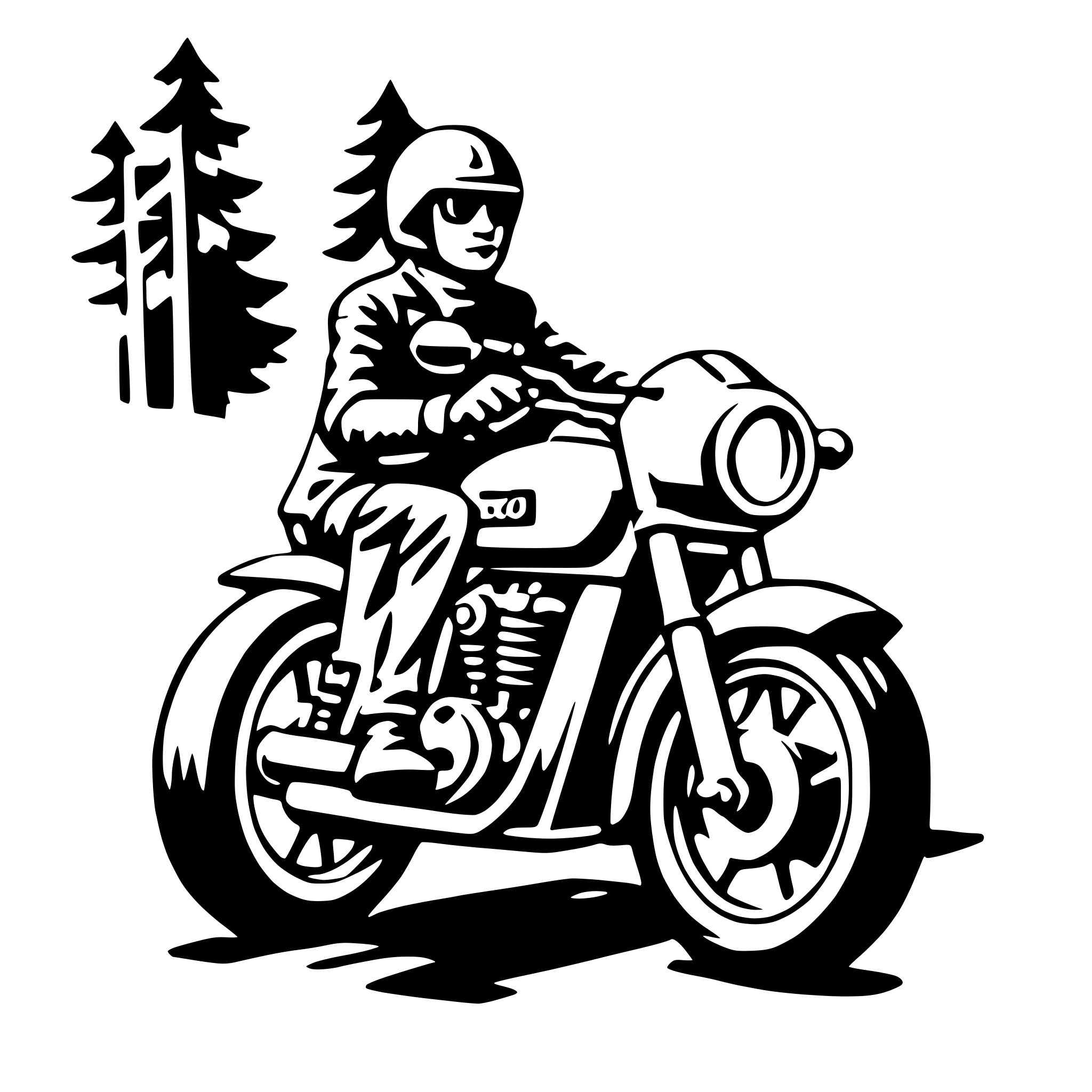 The SVG depicts a stylized black and white illustration of a person riding a motorcycle. The rider is wearing a helmet and appears to be in motion, with one hand on the handlebars and the other on the motorcycle's engine. The motorcycle has a prominent front wheel and a smaller rear wheel, with a visible exhaust pipe. In the background, there are two trees, suggesting a forested or rural setting. The style of the illustration is reminiscent of a comic book or graphic novel, with bold lines and a limited color palette. 