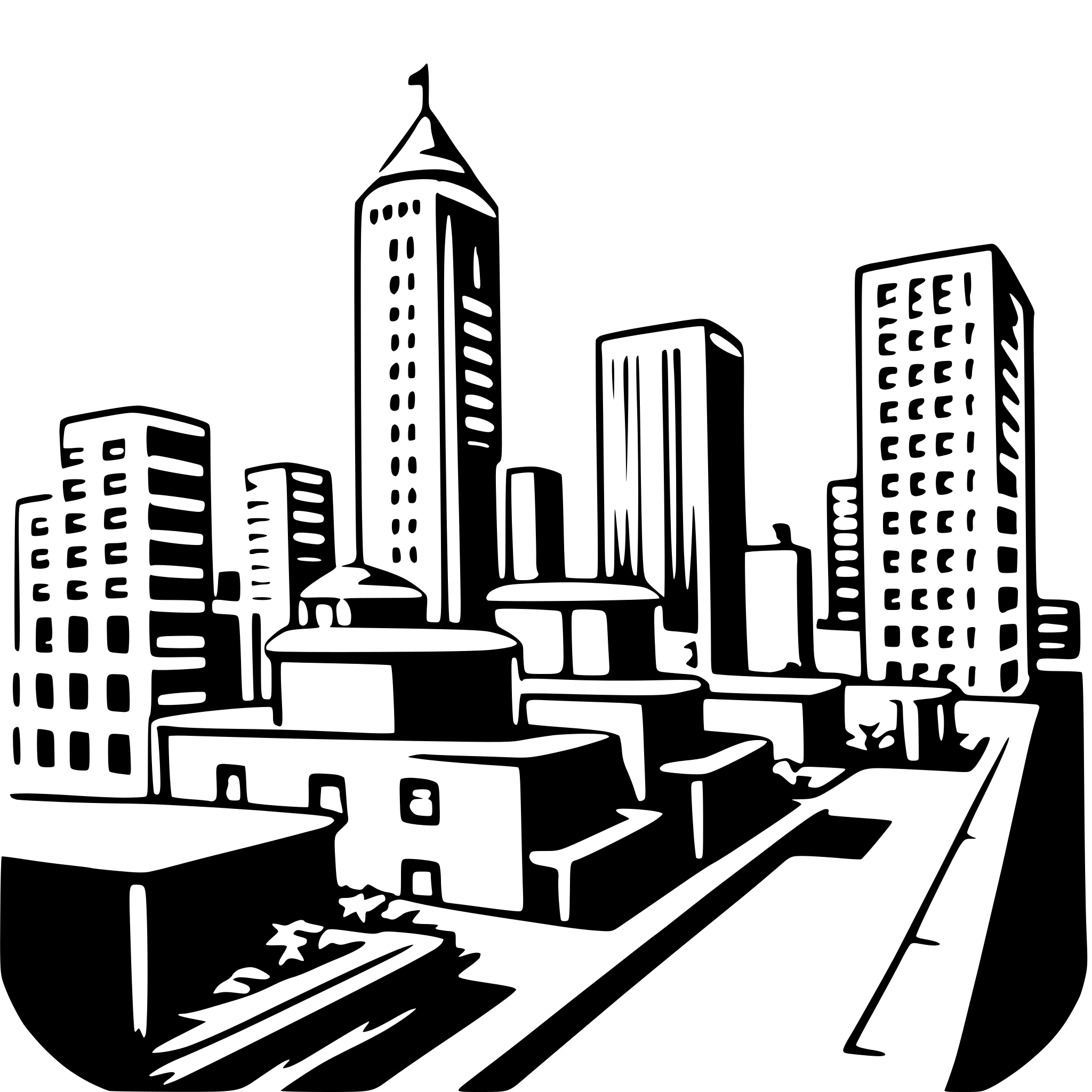 The SVG depicts a stylized cityscape. The main objects include tall buildings, a street with a vehicle, and a body of water. The buildings are drawn in a simplified manner with varying heights and designs, suggesting a mix of residential and commercial structures. The street is lined with a sidewalk and a vehicle, which appears to be a car, is parked or moving along the road. The water body is represented by a simple line, indicating its presence but not its depth or surface texture. The overall style is minimalistic and appears to be a black and white illustration. 