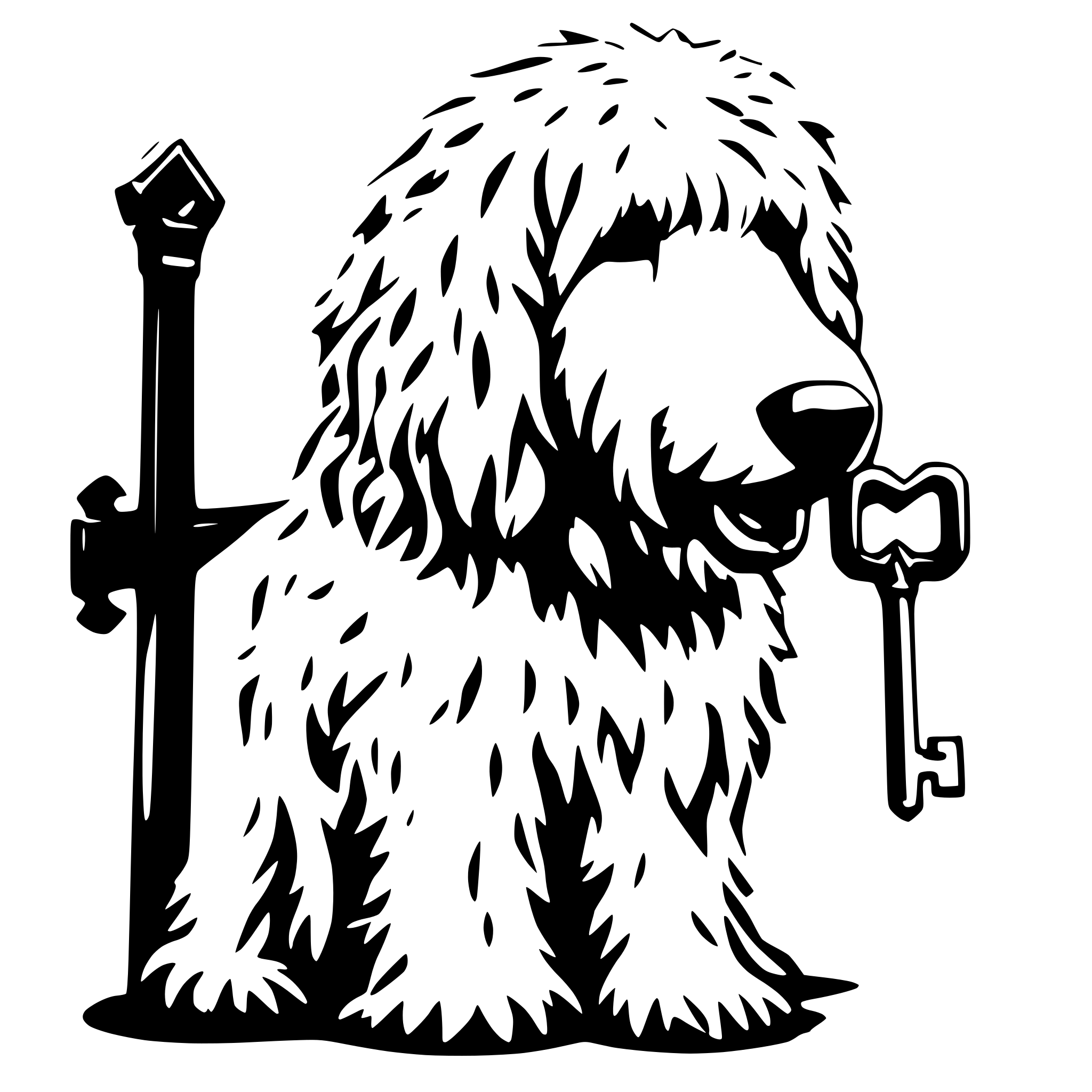 AI-generated SVG of a Komondor holding a large key