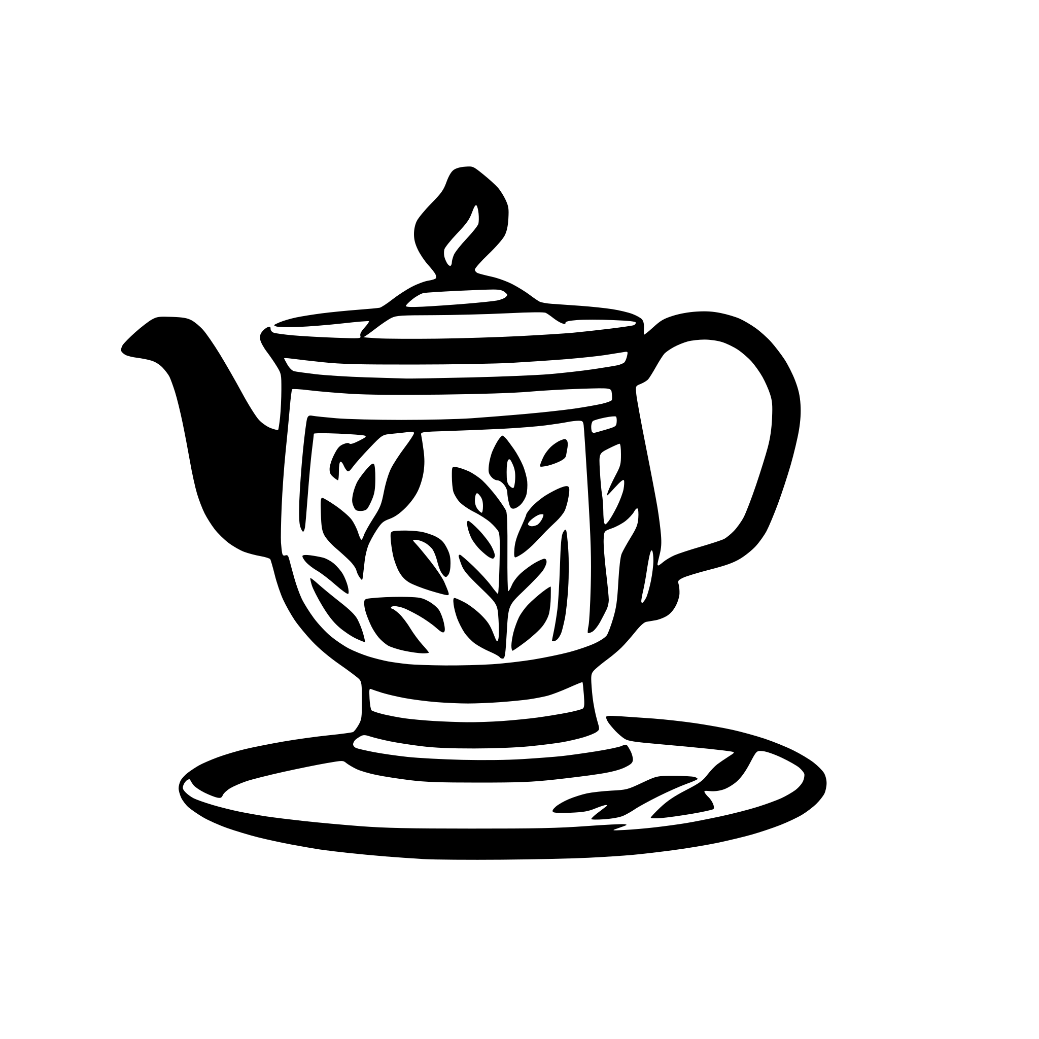 AI-generated SVG of a "A minimalist black silhouette of an Ethiopian jebena (traditional coffee pot) pouring coffee into a small decorated cup. The jebena has detailed tribal patterns with white lines and curves across its surface. The spout extends downward into the cup, with a thin stream of coffee pouring out. The cup has simple white floral and leaf decorations on its surface. The entire design should be in high-contrast black and white, flat vector style suitable for a sticker or SVG icon.