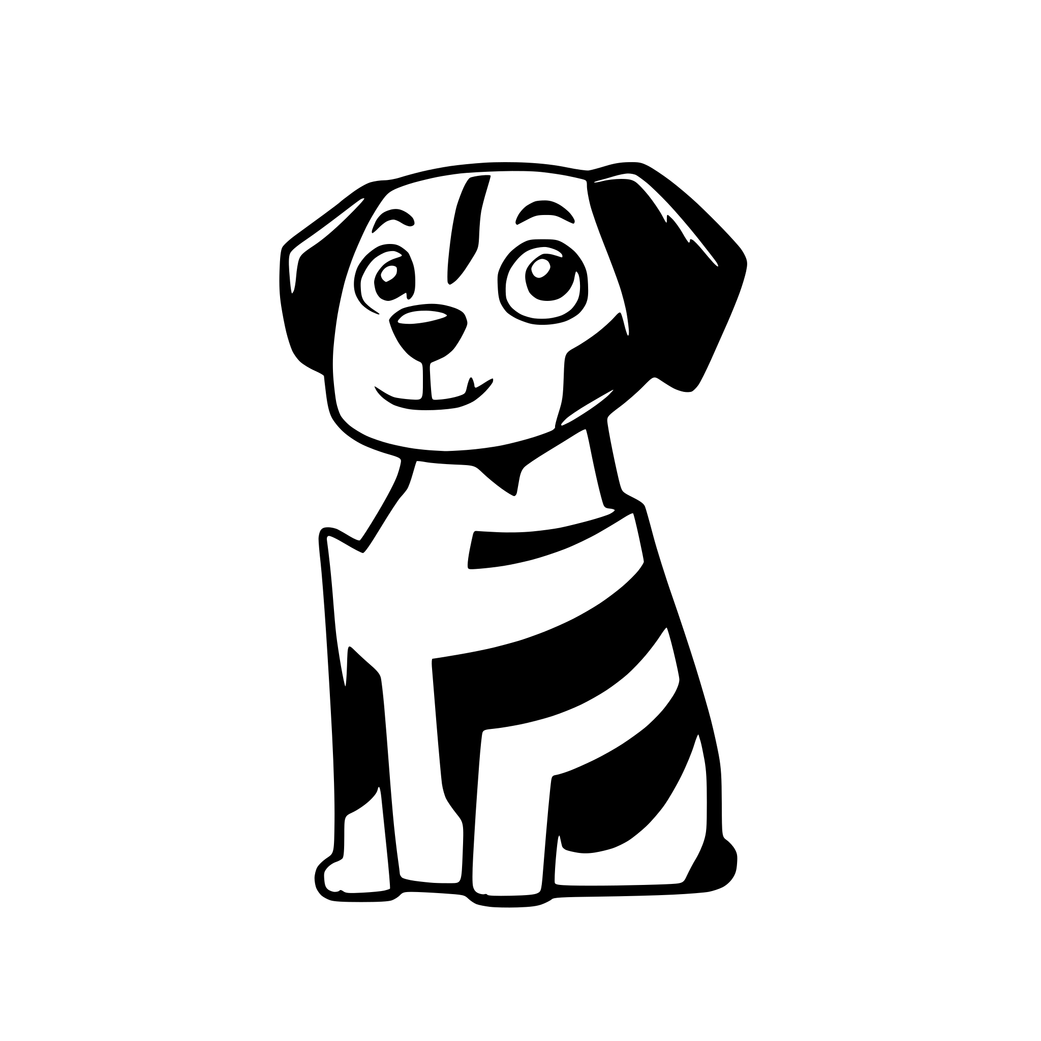 AI-generated SVG of a cartoon style black and white terrier dog, simplified geometric shapes, vector art illustration, black dog with white paws, white chest, white muzzle markings, orange collar, curled tail, floppy ears, mouth open, playful expression, three-quarter view facing right, blue gradient background, abstract blue wavy shapes, flat design, minimal details, bold colors, digital art, clean modern illustration, solid color blocks, stylized animal art, children's book illustration style